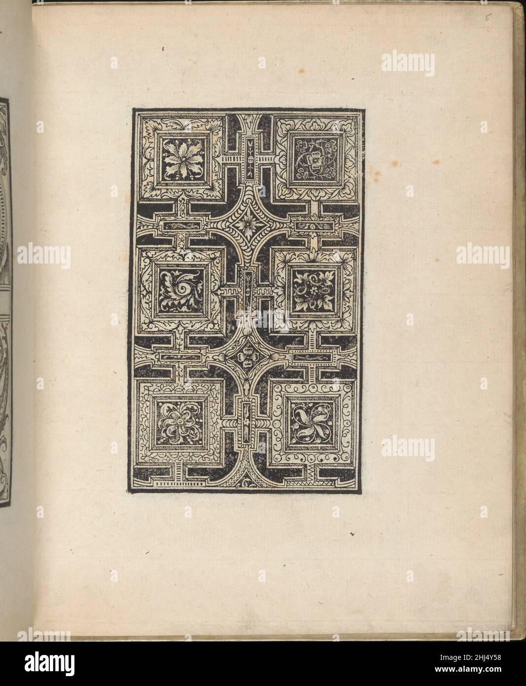 Trionfo Di Virtu. Libro Novo..., Seite 5 (recto) 1563 Matteo Pagano Italienisch Published by Matteo Pagano, Italienisch, 1515-1588, Venedig.von oben nach unten und von links nach rechts:das Design ist mit einem Muster von Quadraten verziert, die mit Rechtecken verbunden sind und dann mit Viereckern in der Mitte verbunden sind. Jede Form ist mit einem anderen Blumen- oder Blattmotiv verziert. Trionfo Di Virtu. Libro Novo..., Seite 5 (recto) 662223 Stockfoto