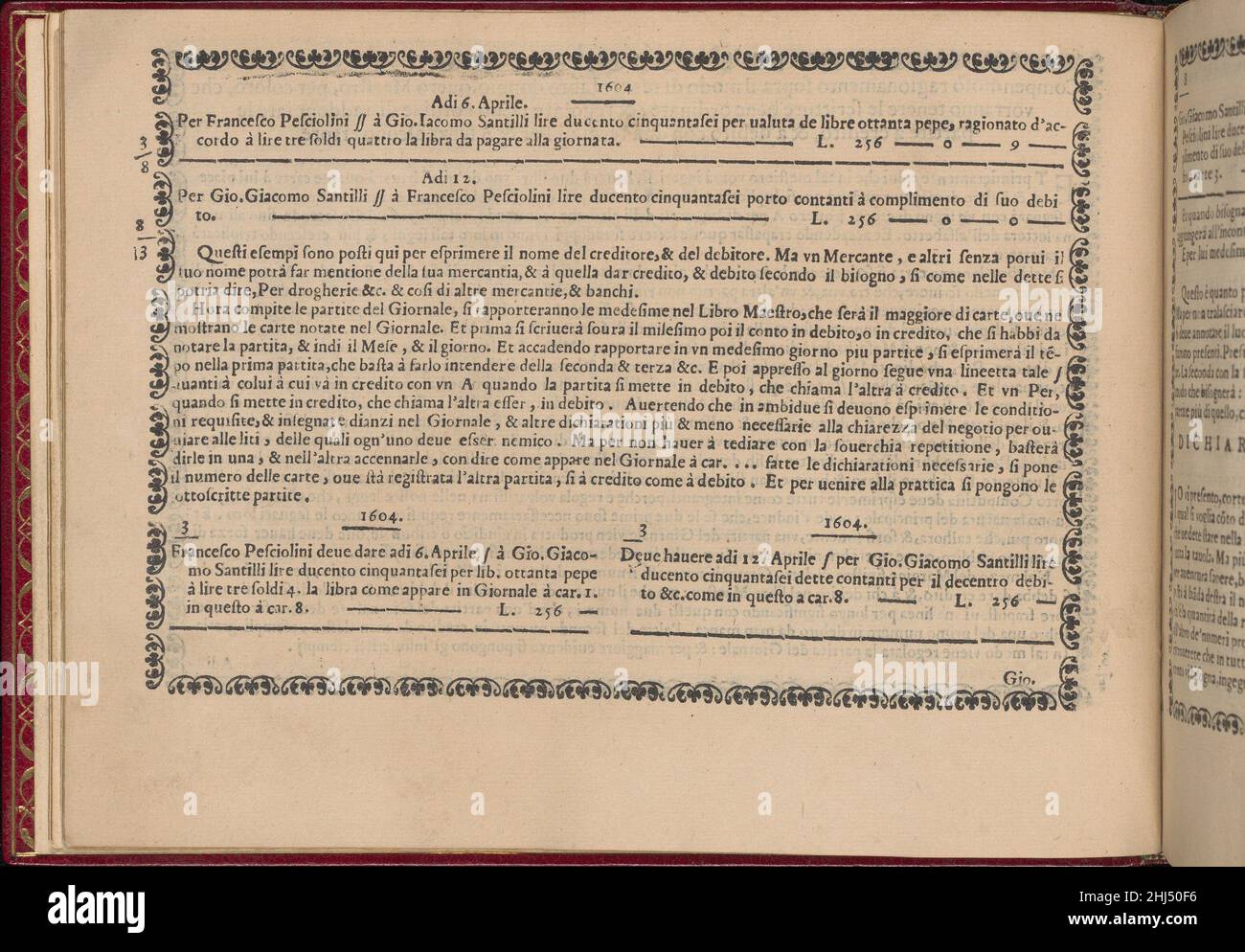 Ghirlanda: Di sei vaghi fiori scielti da piu famosi Giardini d'Italia, Seite 7 (verso) 1. Oktober 1604 Pietro Paulo Tozzi Italienisch gestaltet von Pietro Paulo Tozzi, herausgegeben von Libraria del Giesu, Padua. Kalligrafie von Antonello Bertozzi und Sebastian Zanella, Schriftgelehrte aus Padua.Notizen des Autors über das schwarz gedruckte Buch (zweite von drei Seiten). Ghirlanda: Di sei vaghi fiori scielti da piu famosi Giardini d'Italia, Seite 7 (verso) 358089 Stockfoto