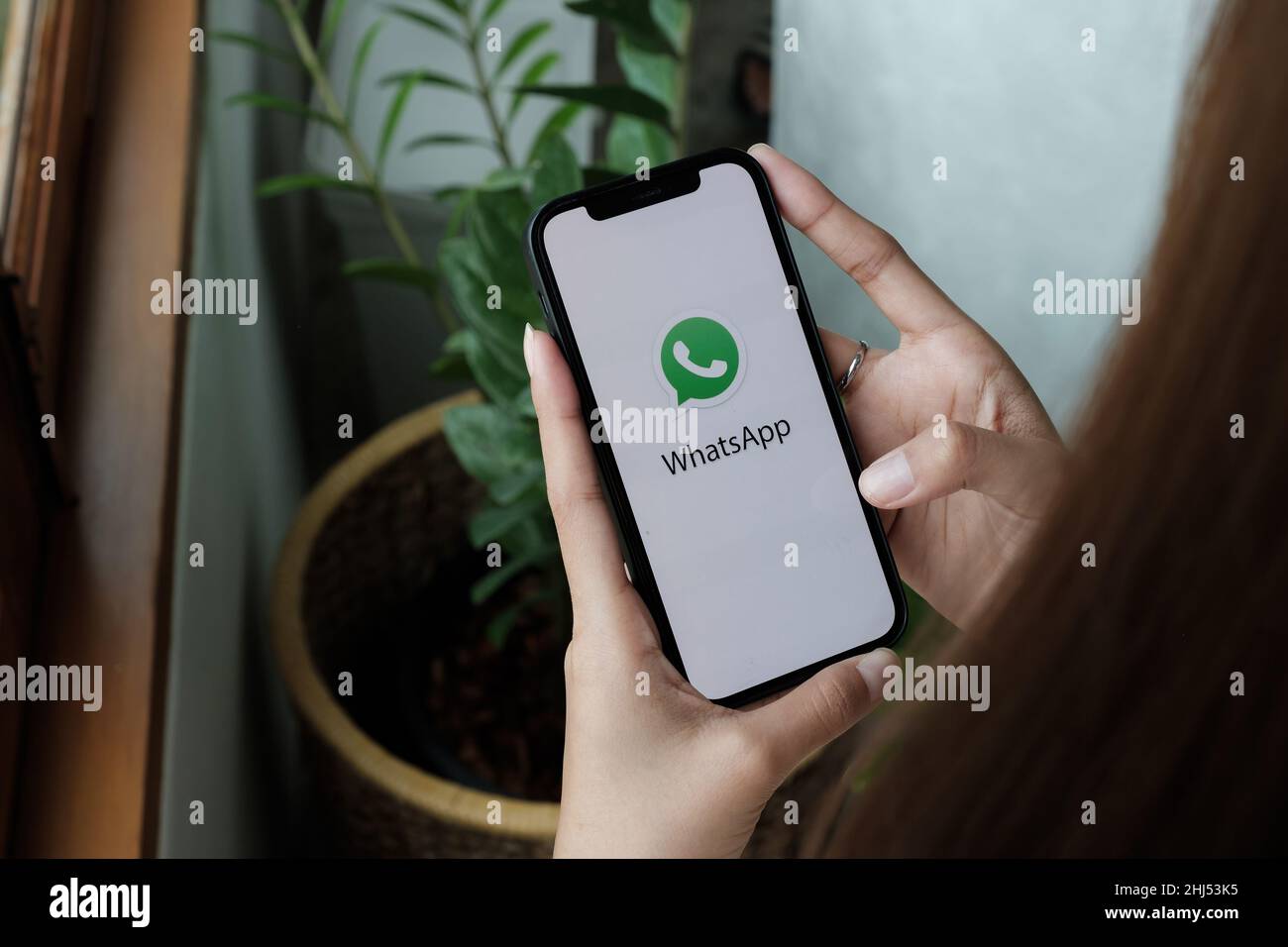 CHIANG MAI, THAILAND - 15. JAN 2022: Frau hält das iPhone 12 mit dem sozialen Netzwerkdienst WhatsApp auf dem Bildschirm. Das iPhone wurde entwickelt und entwickelt Stockfoto