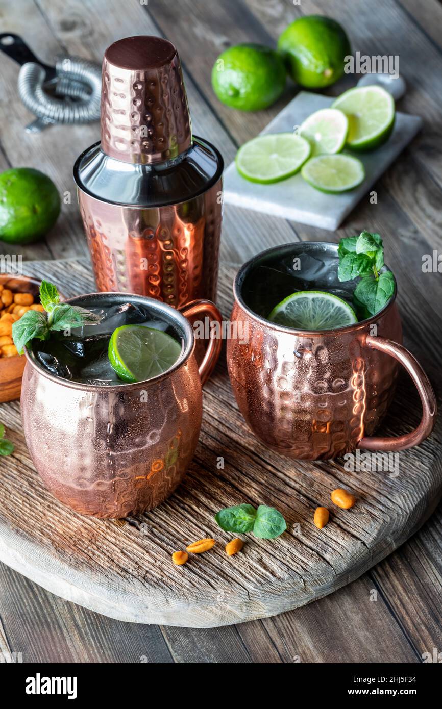 Moscow Mule Cocktails, auch bekannt als Vodka-Buck, trinkfertig. Stockfoto