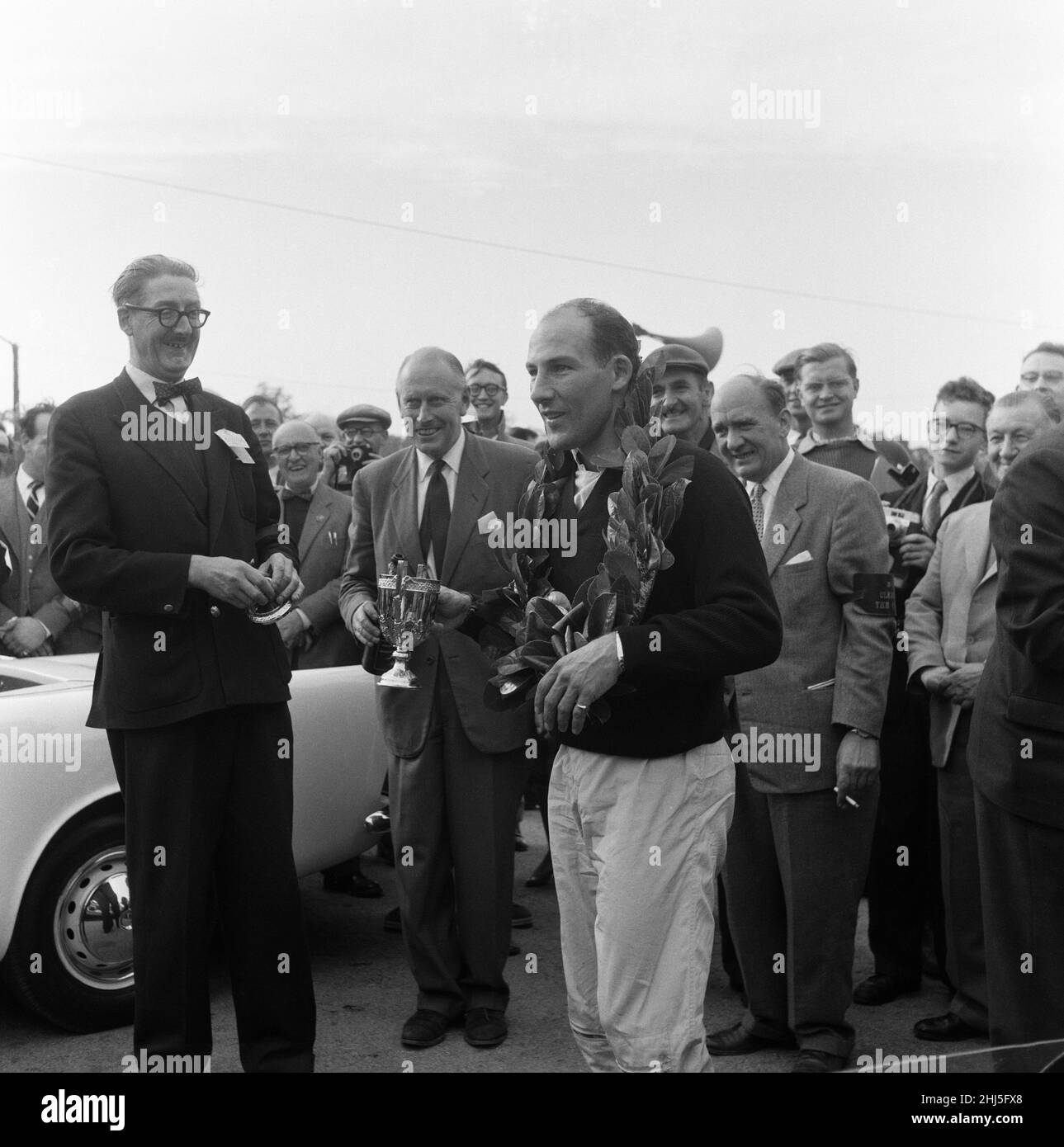 International Gold Cup, Oulton Park. Stirling Moss gewinnt den Gold Cup. 26th. September 1959. Stockfoto