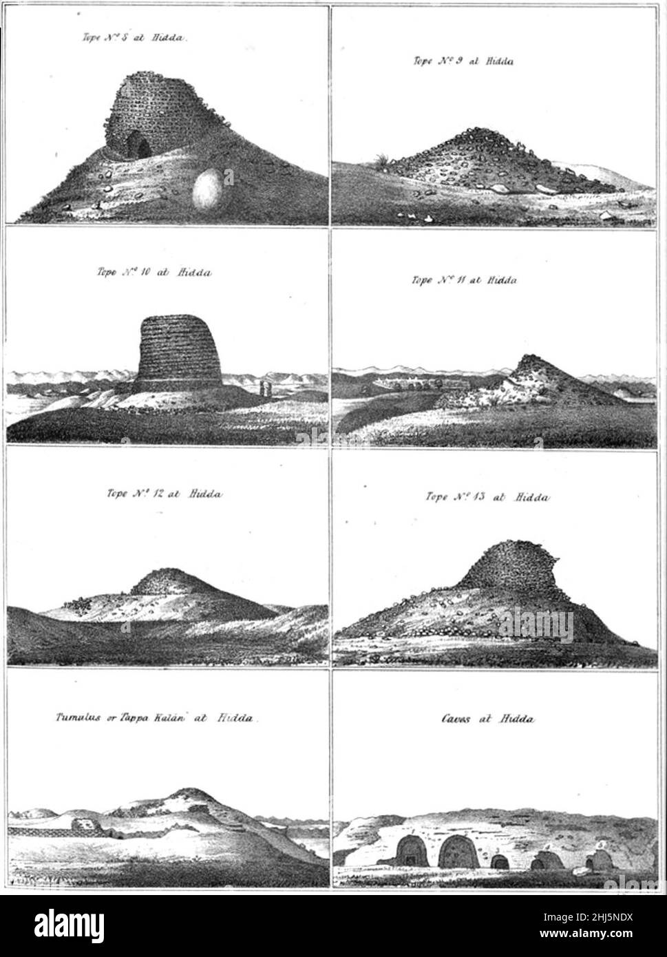 Stupas und Höhlen in Hadda, von Charles Masson, 1842. Stockfoto
