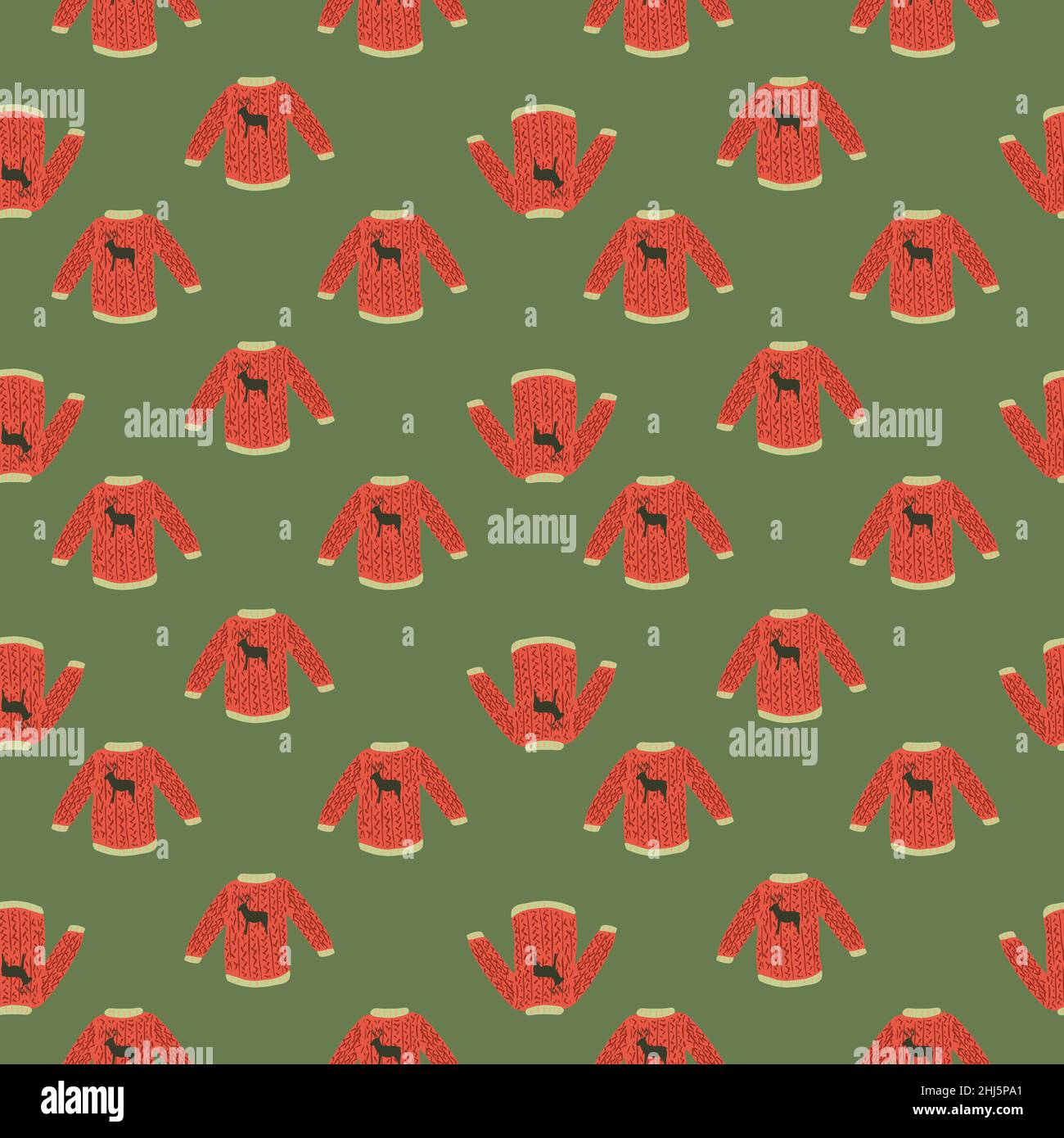 Nahtloses Muster im abstrakten Stil mit rotem Pullover-Print auf hellem grünem Hintergrund. Flacher Vektordruck für Textilien, Stoff, Geschenkdrap, Tapeten. Stock Vektor
