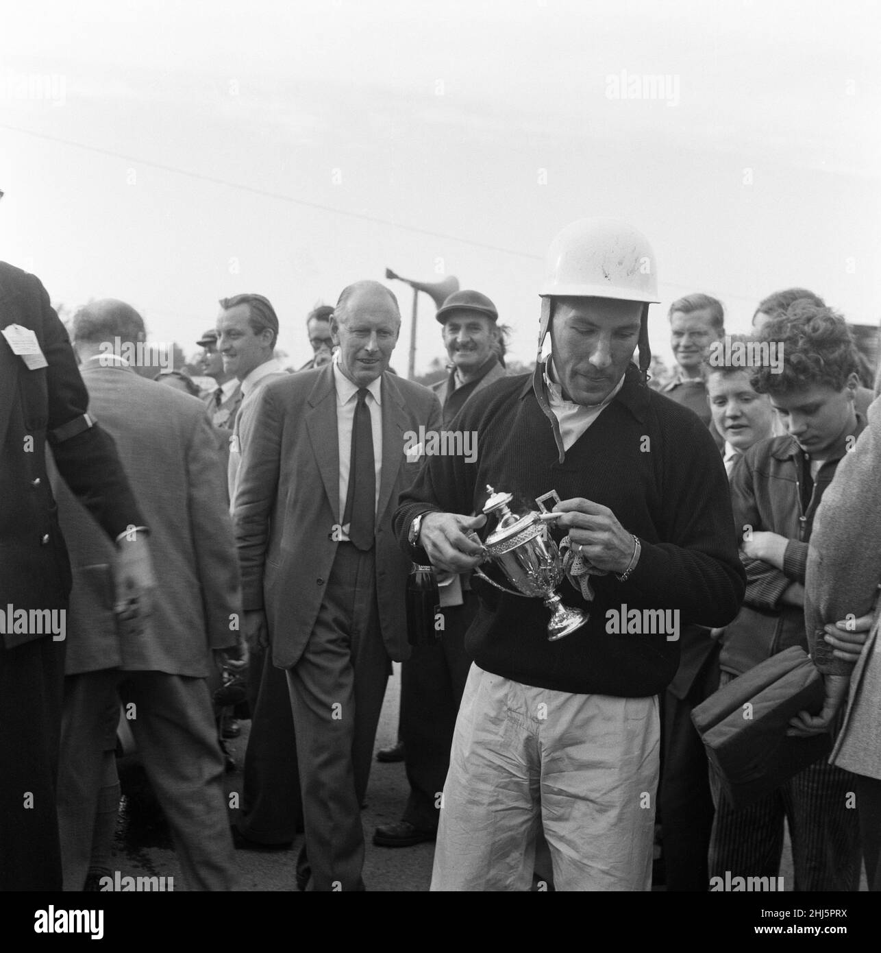 International Gold Cup, Oulton Park. Stirling Moss gewinnt den Gold Cup. 26th. September 1959. Stockfoto