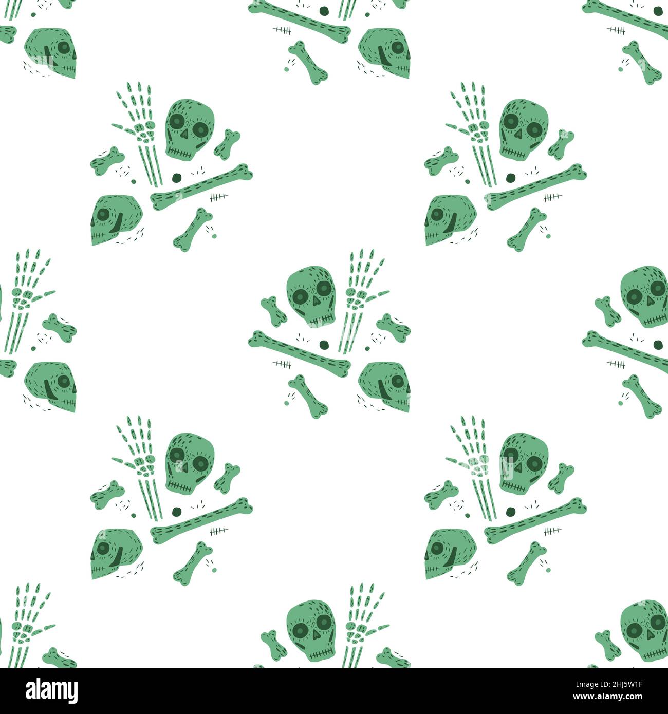 Isoliertes Nahtloses Muster im Piratenstil mit grünen Totenkopf- und Knochenformen. Weißer Hintergrund. Abbildung des Bestandes. Vektor-Design für Textil, Stock Vektor