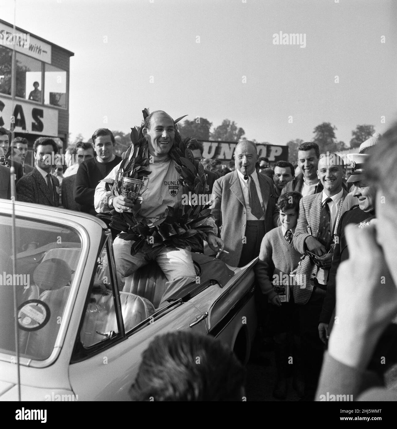 Stirling Moss, der einen Lotus-Climax fährt, gewinnt das Gold Cup-Rennen in Oulton Park, Ceshire. 24th. September 1960. Stockfoto