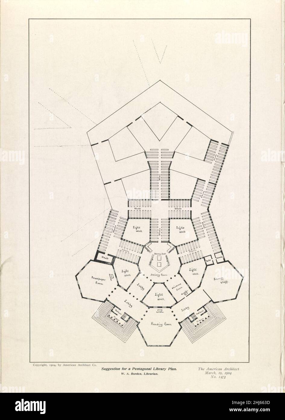 Vorschlag für einen fünfeckigen Bibliothek plan W.A. Borden, der Bibliothekar. Stockfoto