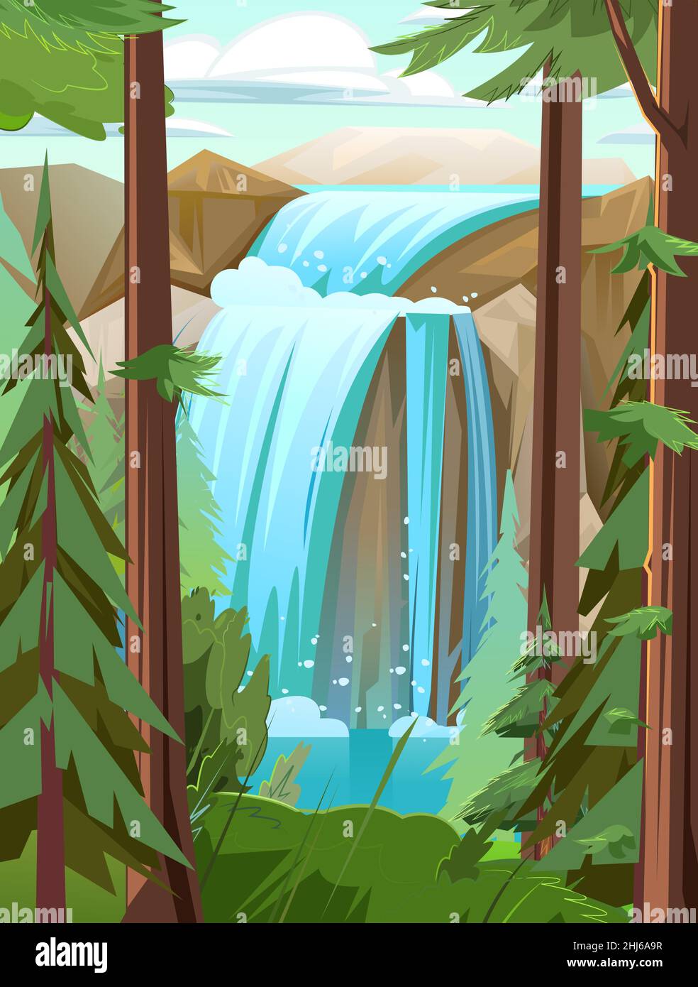 Kleine Landschaft mit Wasserfall zwischen Felsen. Kaskade schimmert nach unten. Unter Nadelbäumen. Fließendes Wasser. Schöner Cartoon-Stil. Flaches Design. Vektor. Stock Vektor