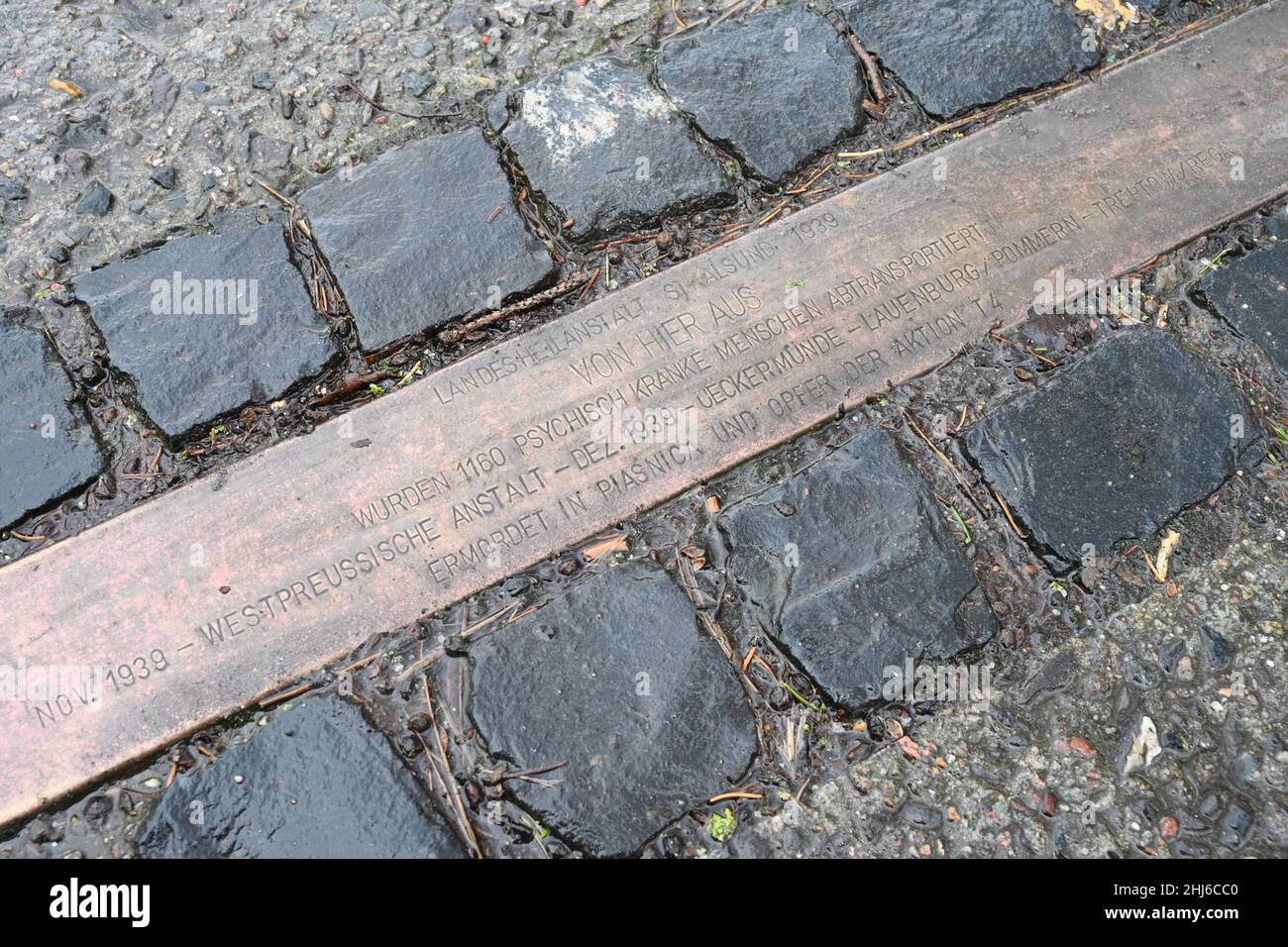 25. Januar 2022, Mecklenburg-Vorpommern, Stralsund: Auf dem Gelände des ehemaligen Staatssanatoriums Stralsund am Stralsund-Krankenhaus West befindet sich ein Stolperstein. Zwischen 1939 und 1940 deportierten und töteten die Nationalsozialisten unter Beteiligung von Ärzten und Pflegepersonal mehr als 1.000 Menschen mit Behinderungen und psychischen Erkrankungen aus dem ehemaligen Staatssanatorium Stralsund. Insgesamt fielen mehr als 70.000 psychisch kranke Menschen aus Sanatorien und Pflegeheimen der systematischen Massenvernichtungsaktion "Aktion T4" während der NS-Zeit zum Opfer. Am 27. Januar 2022, ein Publikum Stockfoto