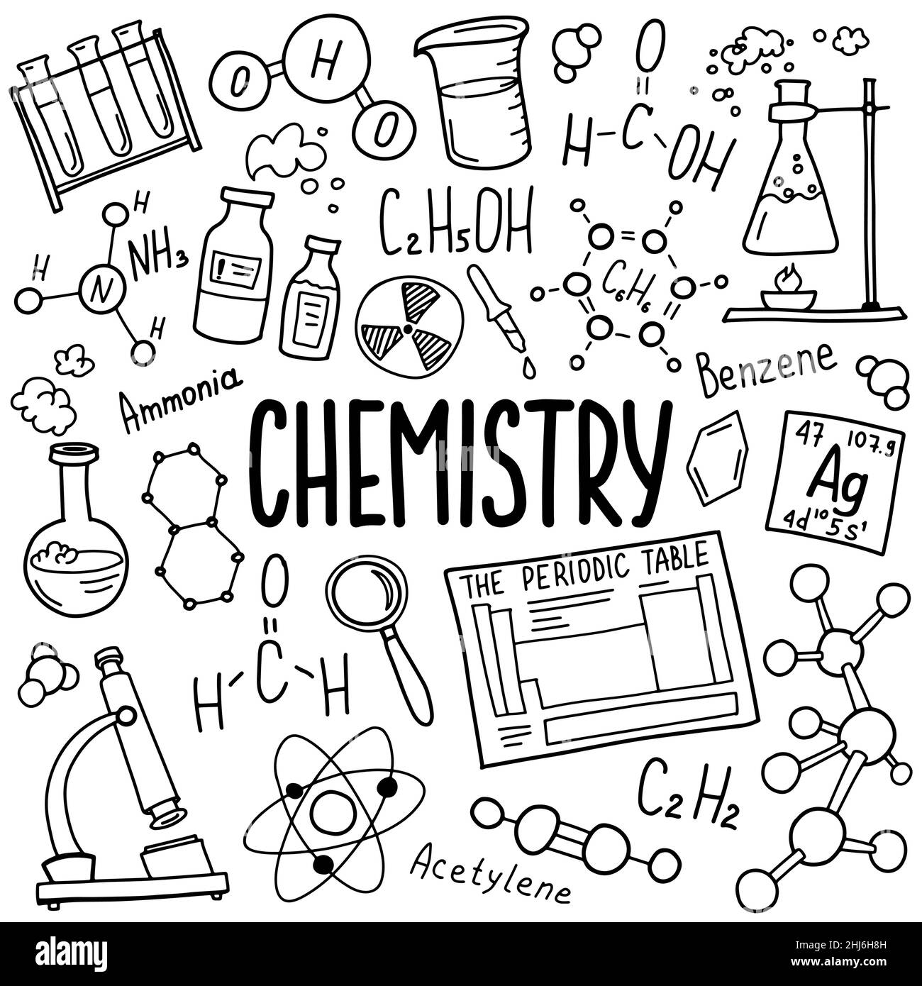 Symbole für Chemie gesetzt. Wissenschaft Thema Doodle Design. Bildungs- und Studienkonzept. Zurück zur Schule skizzener Hintergrund für Notizbuch, nicht Pad Stock Vektor