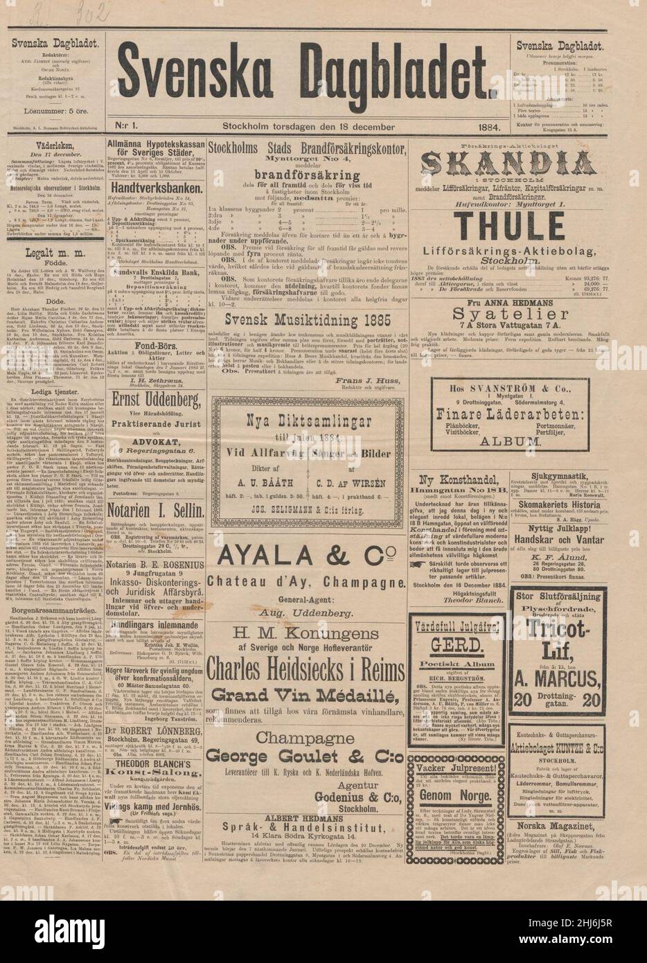 Svenska Dagbladet 1884-12-18 1. Stockfoto