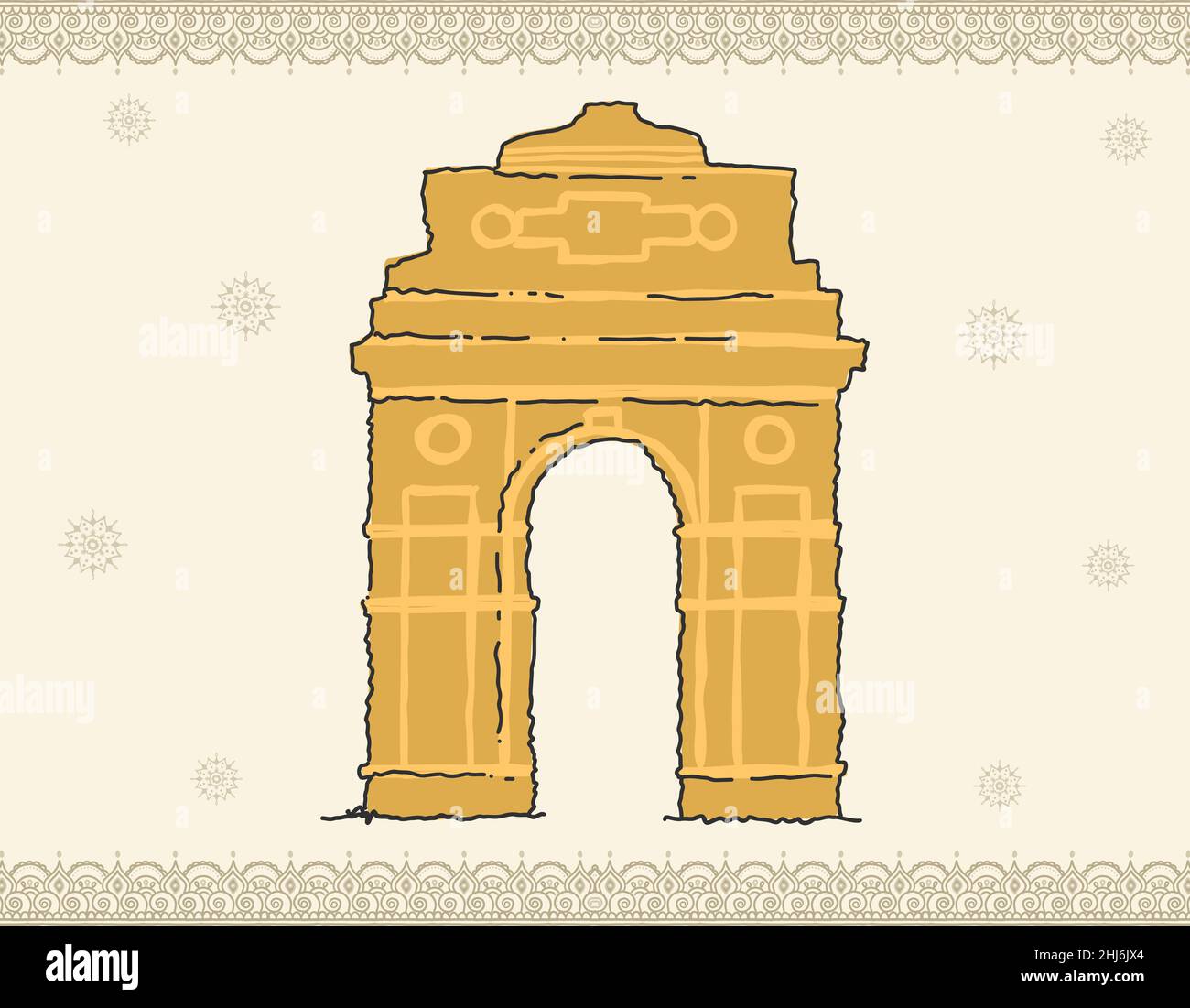 Gekritzelte Illustration des Indian Gate, berühmtes Denkmal, das am Tag der indischen Republik veranstaltet wird. Reise A Stock Vektor