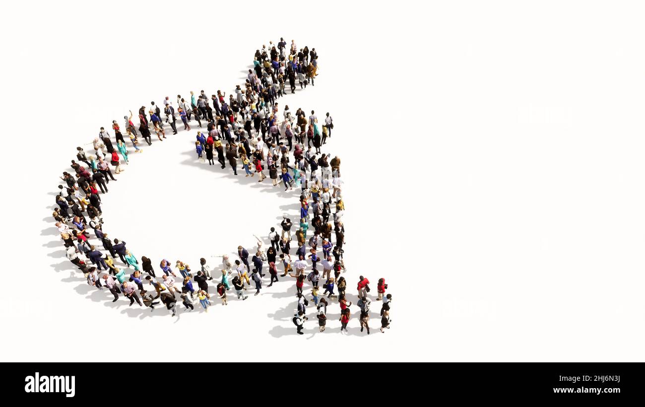 Konzept konzeptuelle große Gemeinschaft von Menschen bilden die Rollstuhl Zeichen. 3D Illustration Metapher für Rehabilitation, Assistenz, Zugänglichkeit Stockfoto