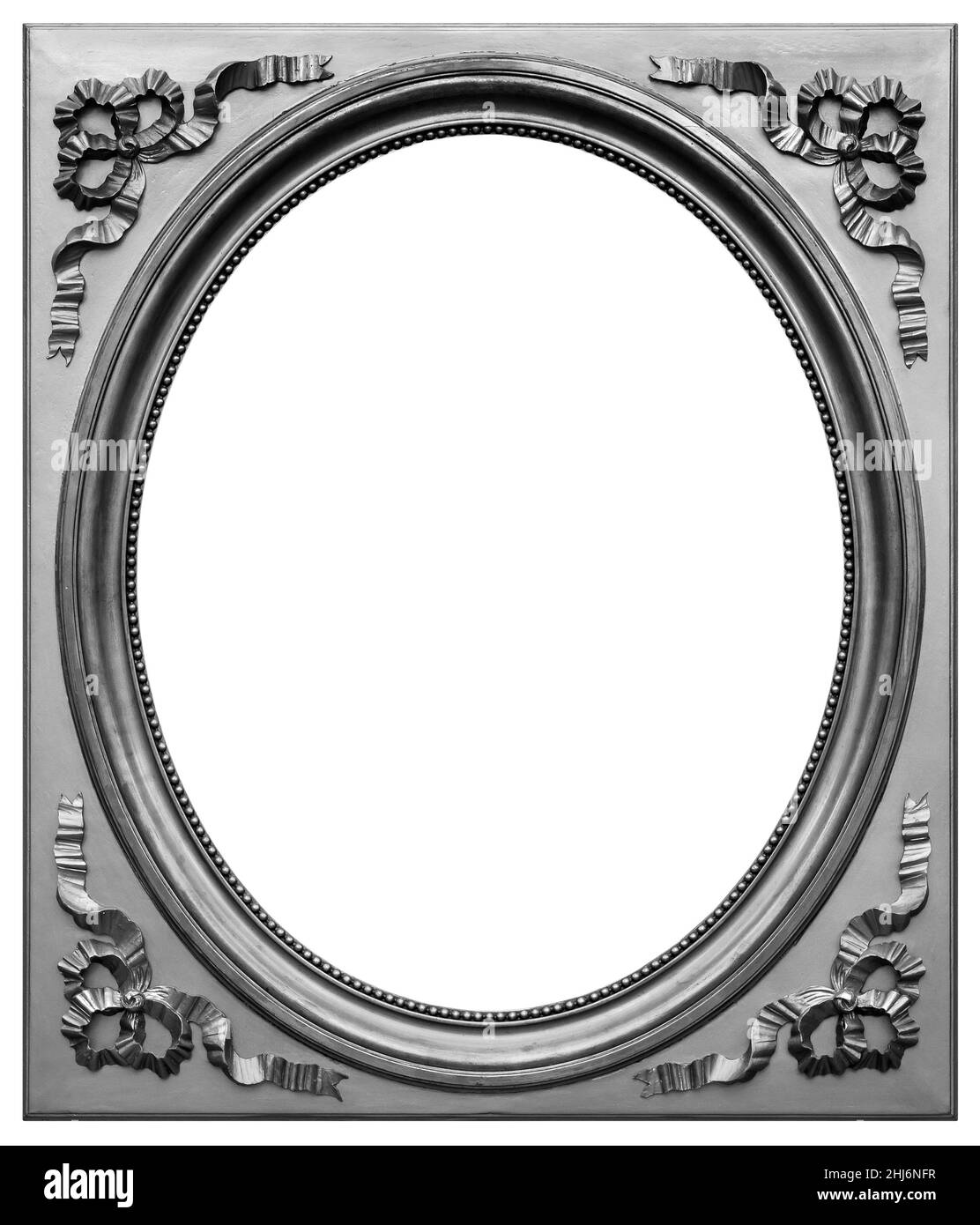 Alte hölzerne quadratische ovale Silber, versilbert Rahmen isoliert auf dem weißen Hintergrund Stockfoto