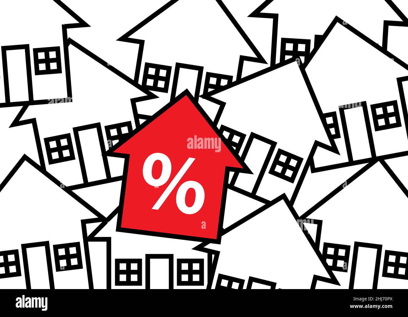 Eine grafische Darstellung mehrerer Häuser darunter, ein rotes Pfeilsymbol mit einem Prozentzeichen. Eine Metapher für die Hausfinanzierung. Stockfoto