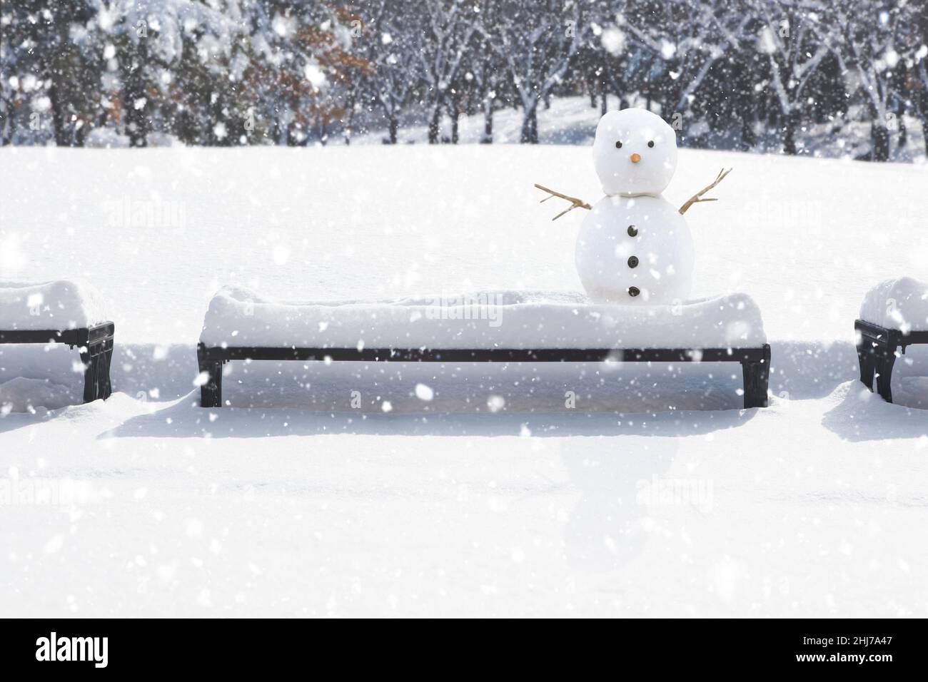 Ein Schneemann, der im strömenden Schnee auf einem Parkstuhl hübsch und niedlich gemacht wird, ist eine gemütliche und emotionale Landschaft. Stockfoto