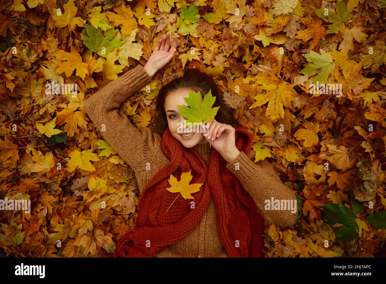 Wunderschöne Frau im Herbst Blätter Porträt gefallen Stockfoto