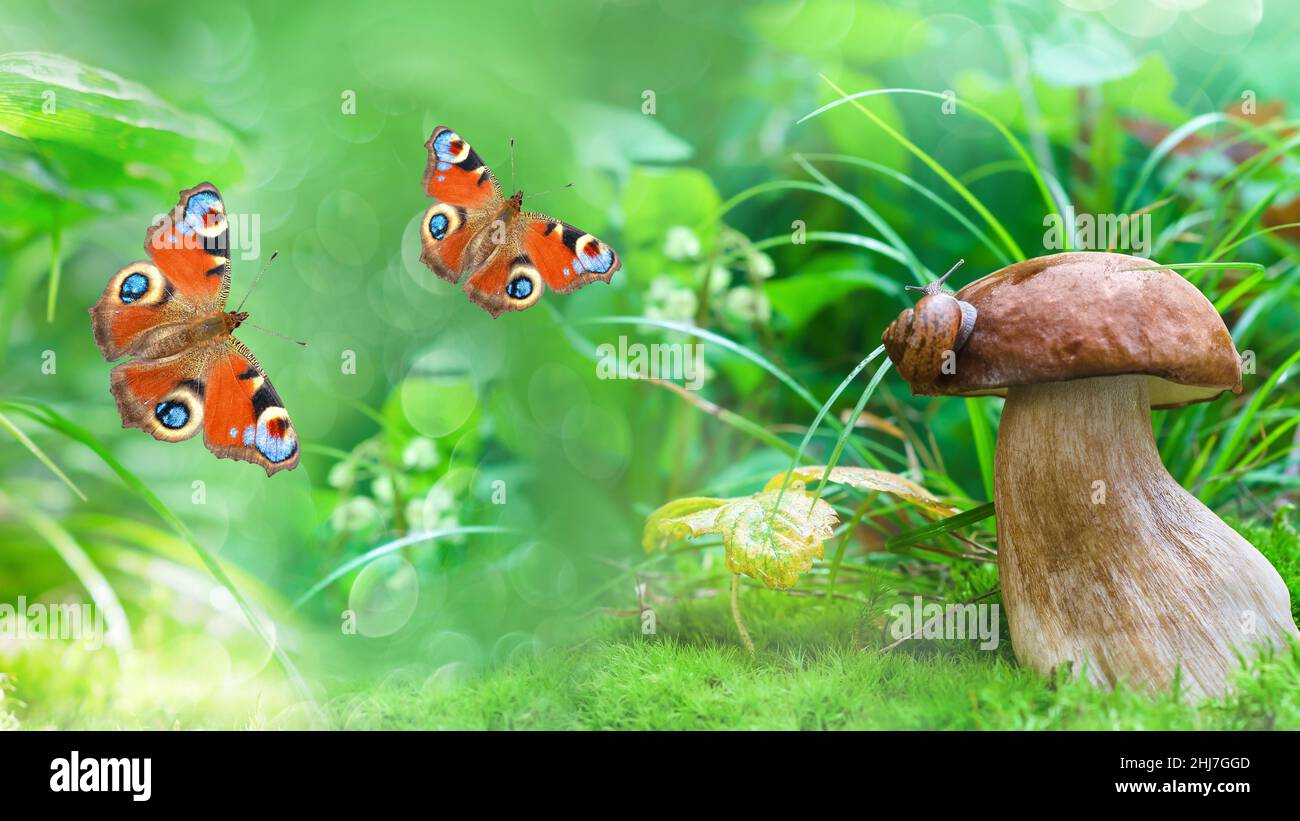 Unfokussierter grüner natürlicher Hintergrund mit Schmetterlingen, Steinpilzen und Schnecke. Weicher, selektiver Fokus Stockfoto