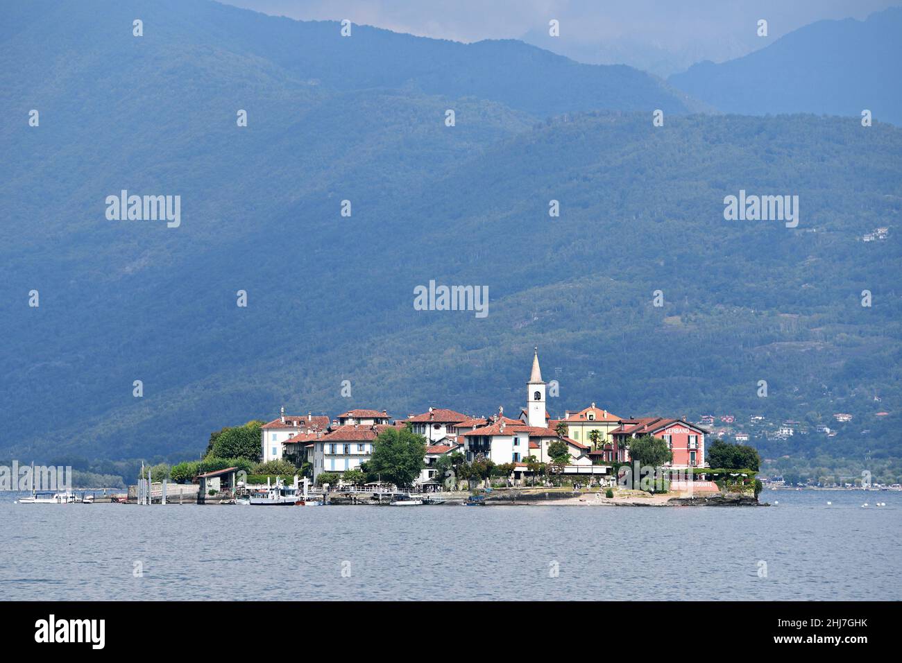 Reisen, Europa, Italien, Piemont; Insel Isola Superiore Dei Pescatori im Lago Maggiore. Stockfoto