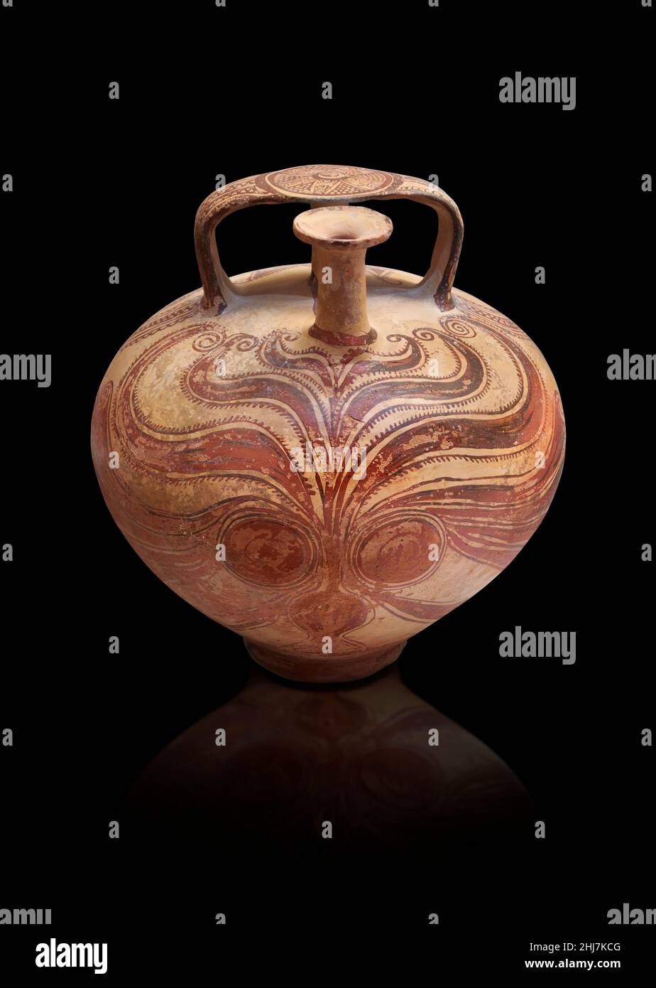 Mykenische Keramik - Terrakotta-Rührkrug mit stilisiertem Oktopus-Design aus chaber Grab 1:5 und 1:6, 1140-1100 v. Chr., mykenischer Friedhof von Asine. Nafp Stockfoto