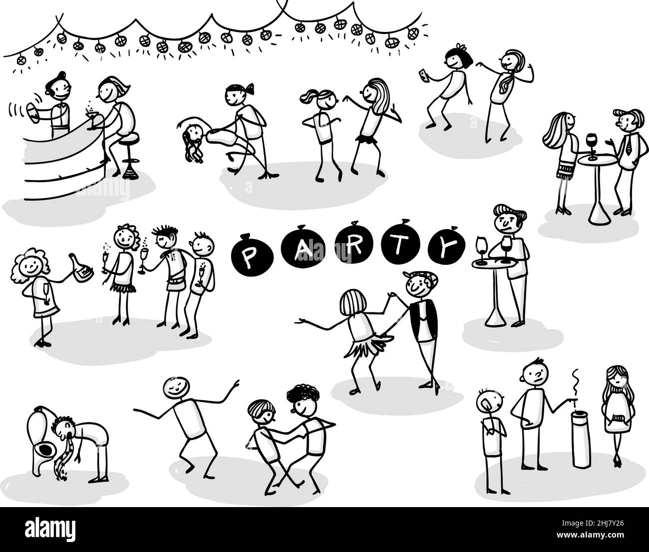 Handgezeichnete Stickmen-Illustration. Menschen, die Spaß zusammen haben, tanzen, trinken auf einer Party oder Feier. Isolierte Vektorgrafiken mit unterschiedlichen Stock Vektor