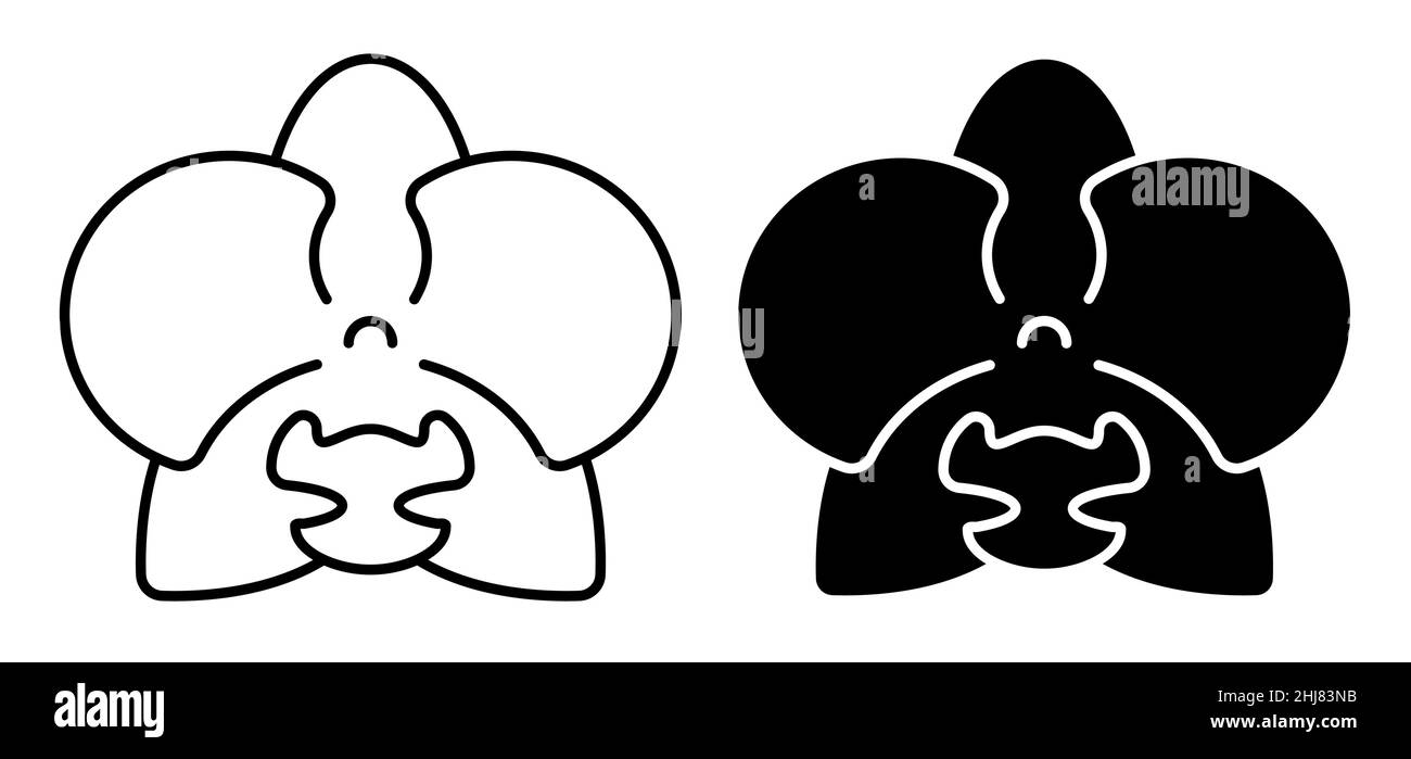 Lineares Symbol. Orchideenblume, tropische Pflanze mit Blume. Einfacher Schwarz-Weiß-Vektor auf weißem Hintergrund isoliert Stock Vektor