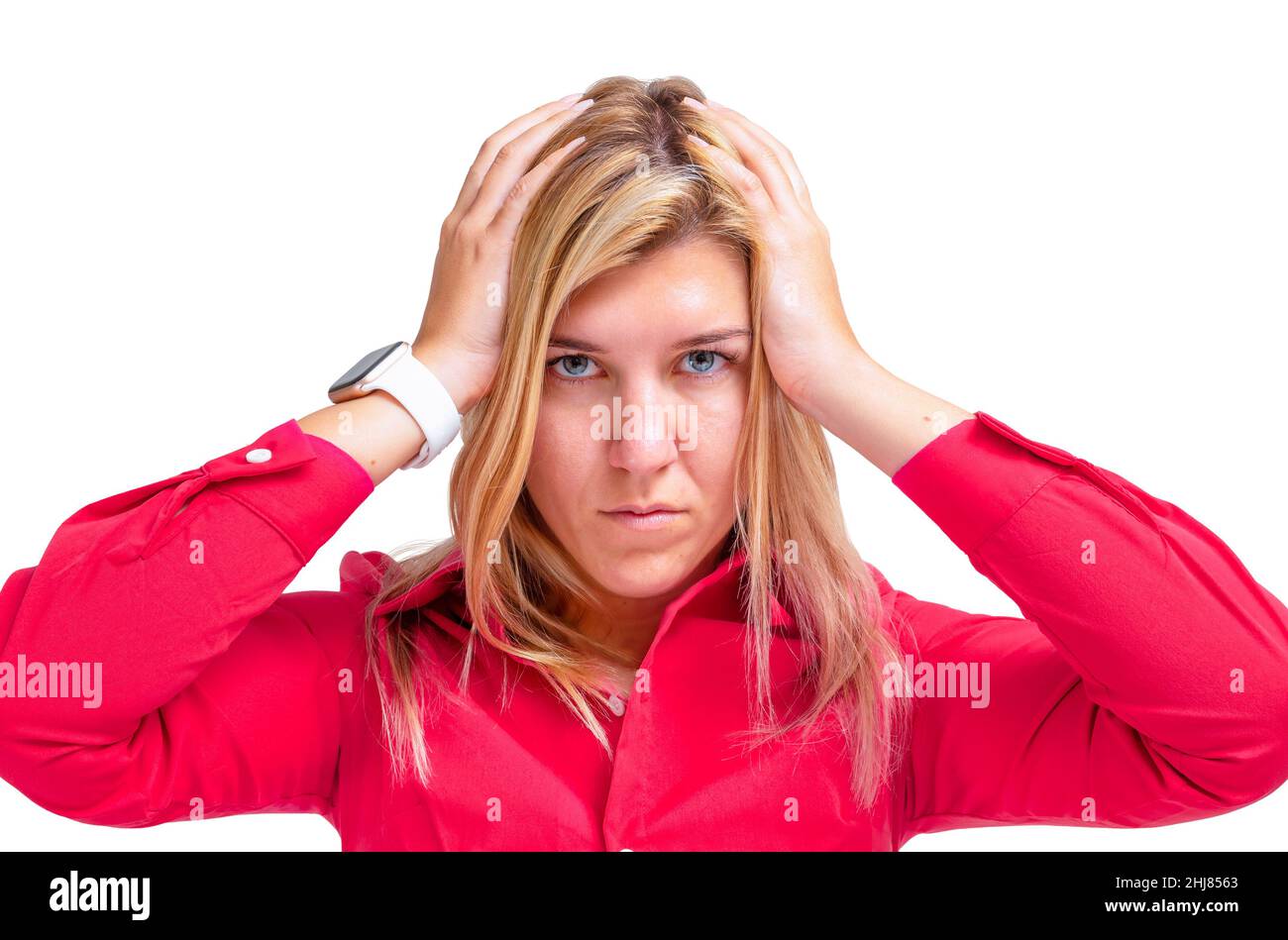 Junge Frau, die Hände am Kopf hält Kopfschmerzen Wut isoliert auf weißem Hintergrund Stockfoto