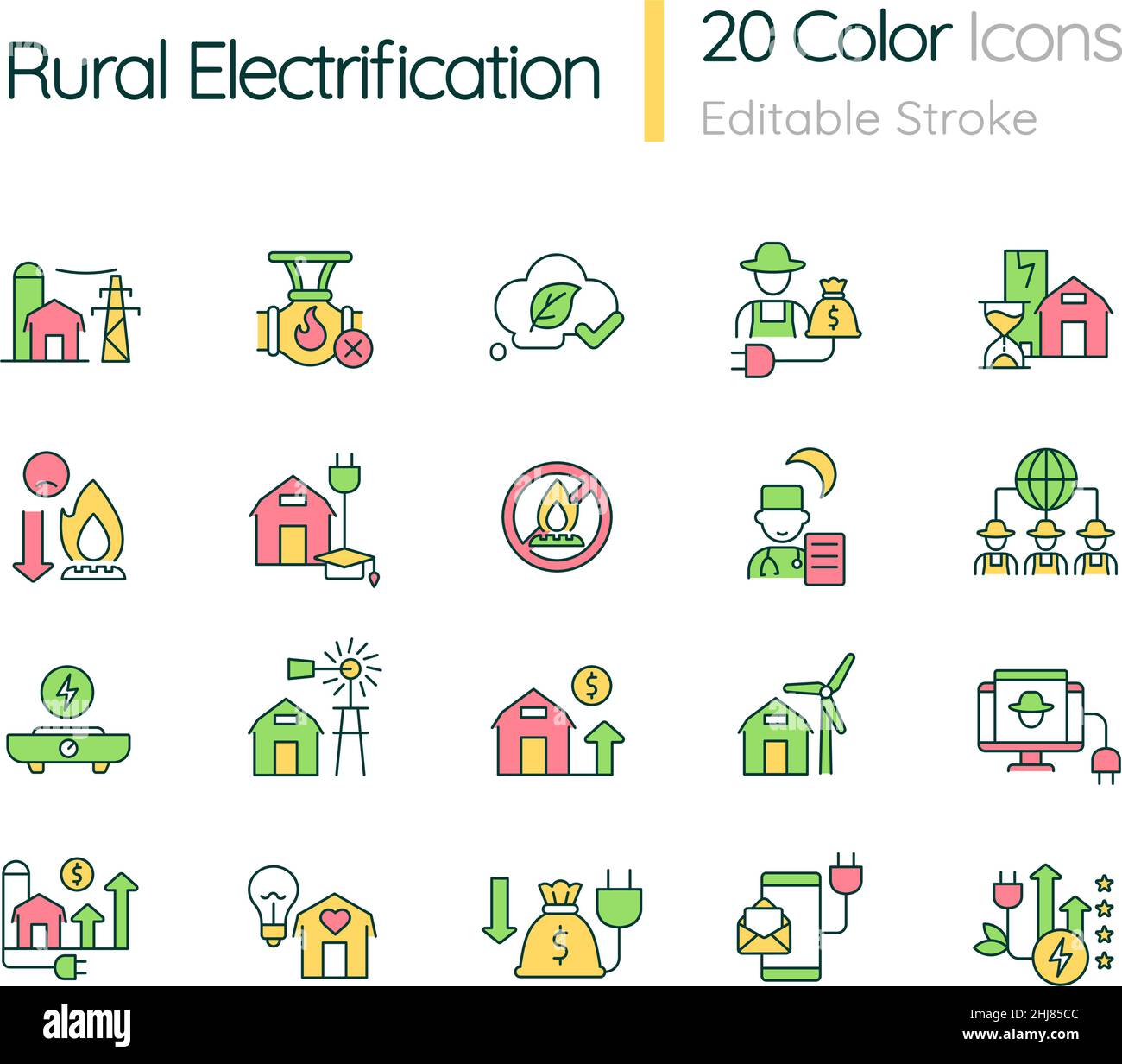 RGB-Farbsymbole für ländliche Elektrifizierung eingestellt Stock Vektor