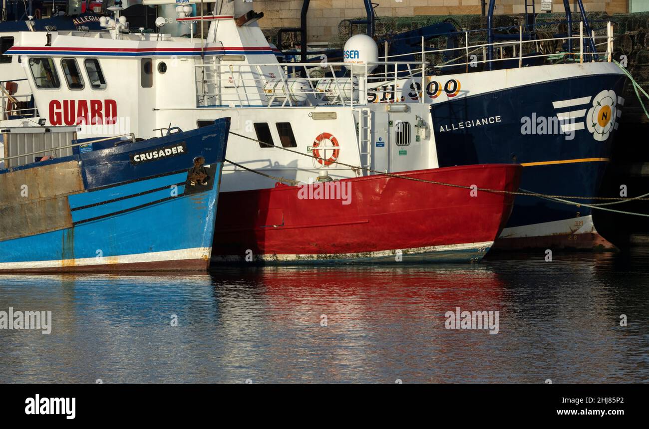 Fischerboote an der Küste werden am Dock im Scarborough Harbour angeliefert. Die Fischerei ist eine Branche, die nach Jahren überfischter Ausbeutung und EU-Fischereivorschriften im Niedergang ist Stockfoto