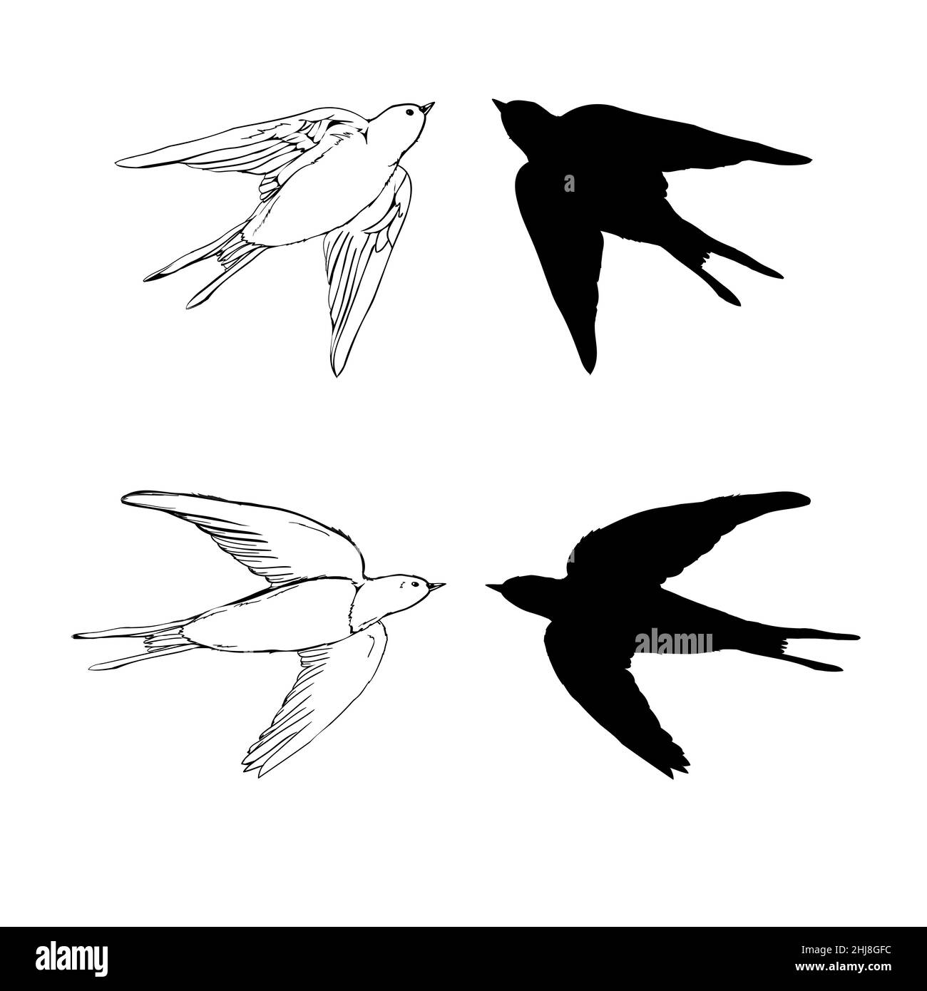 Set von der Schwalbe-Icons. Design-Elemente für Poster, T-shirt. Vektor-Illustration. Stock Vektor