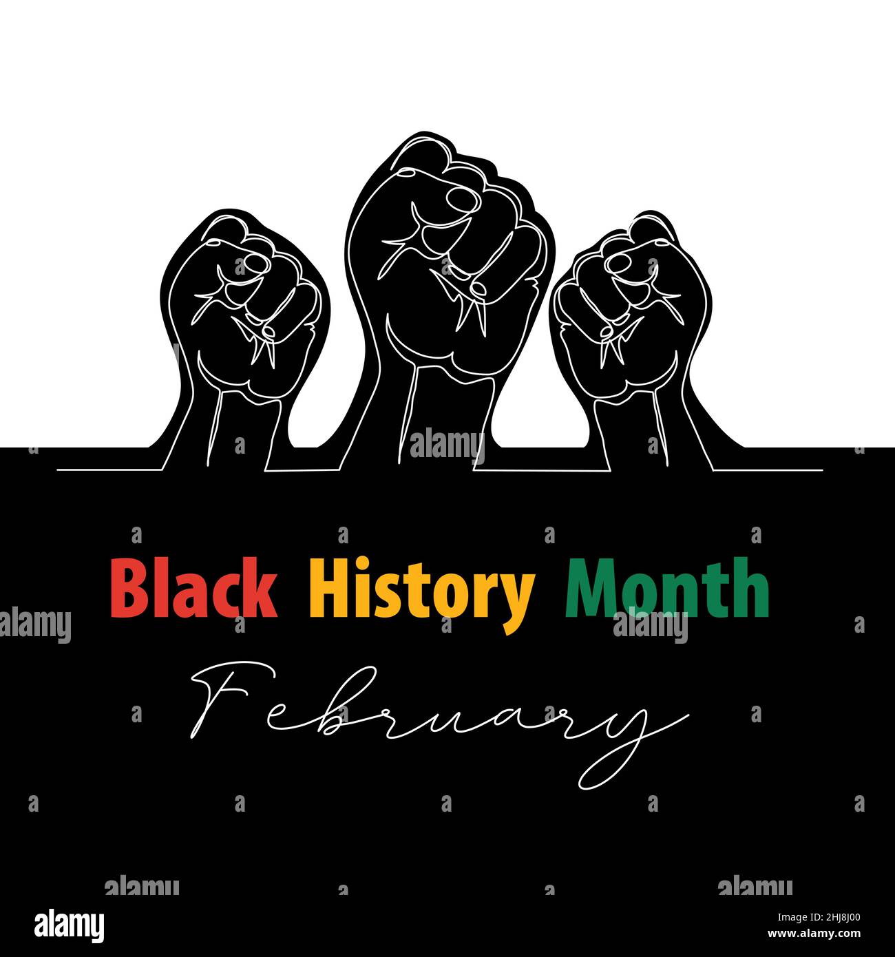Black History Monat Vektor-Banner, Poster, Karte mit Fäusten. Eine fortlaufende Linie Kunst Zeichnung Illustration mit Händen, Armen Stock Vektor