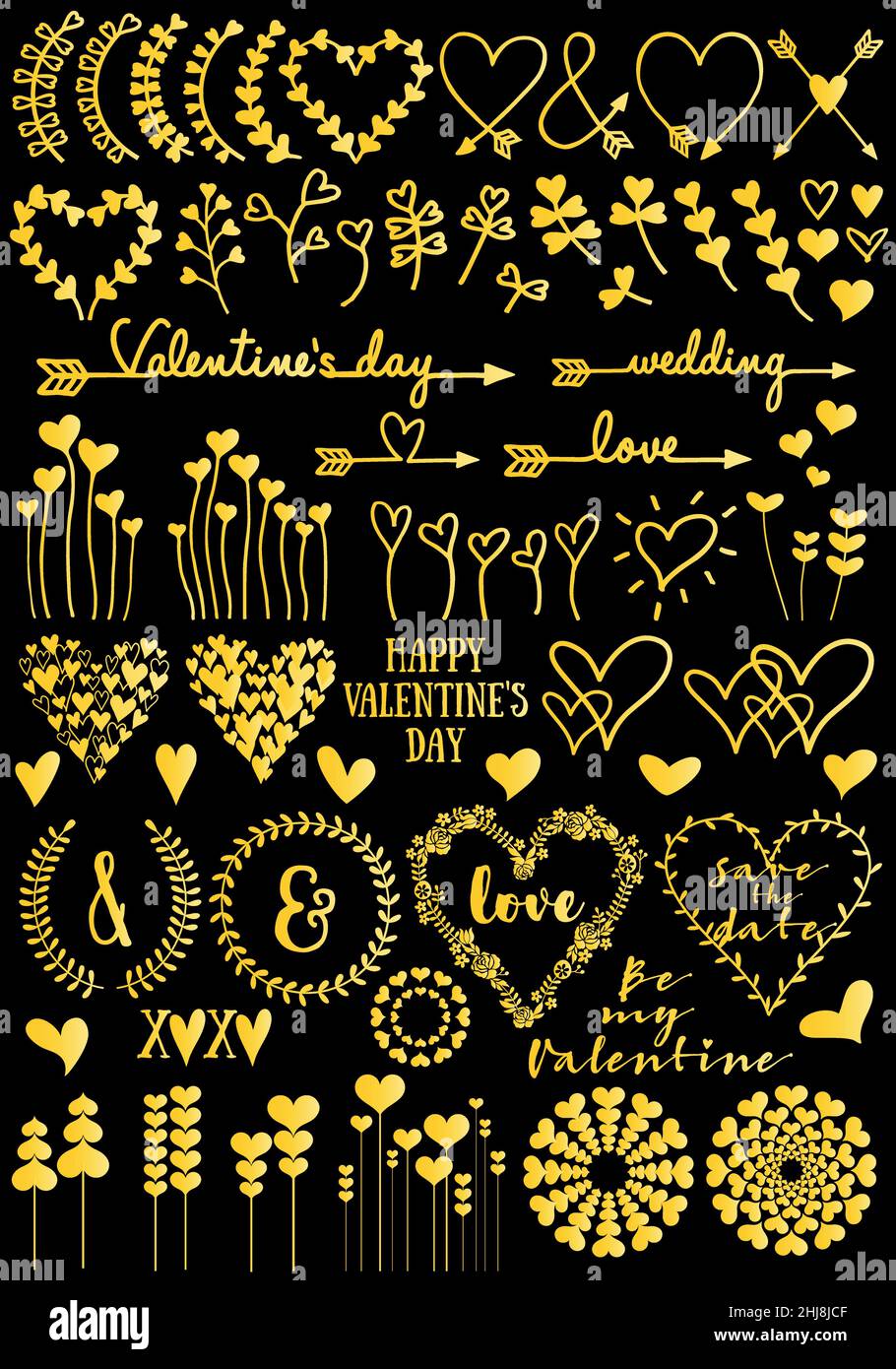 Goldene florale Herzdesigns für Valentinskarte, Hochzeit, Geburtstag, Muttertag, Set goldener Vektor-Design-Elemente auf schwarzem Hintergrund Stock Vektor