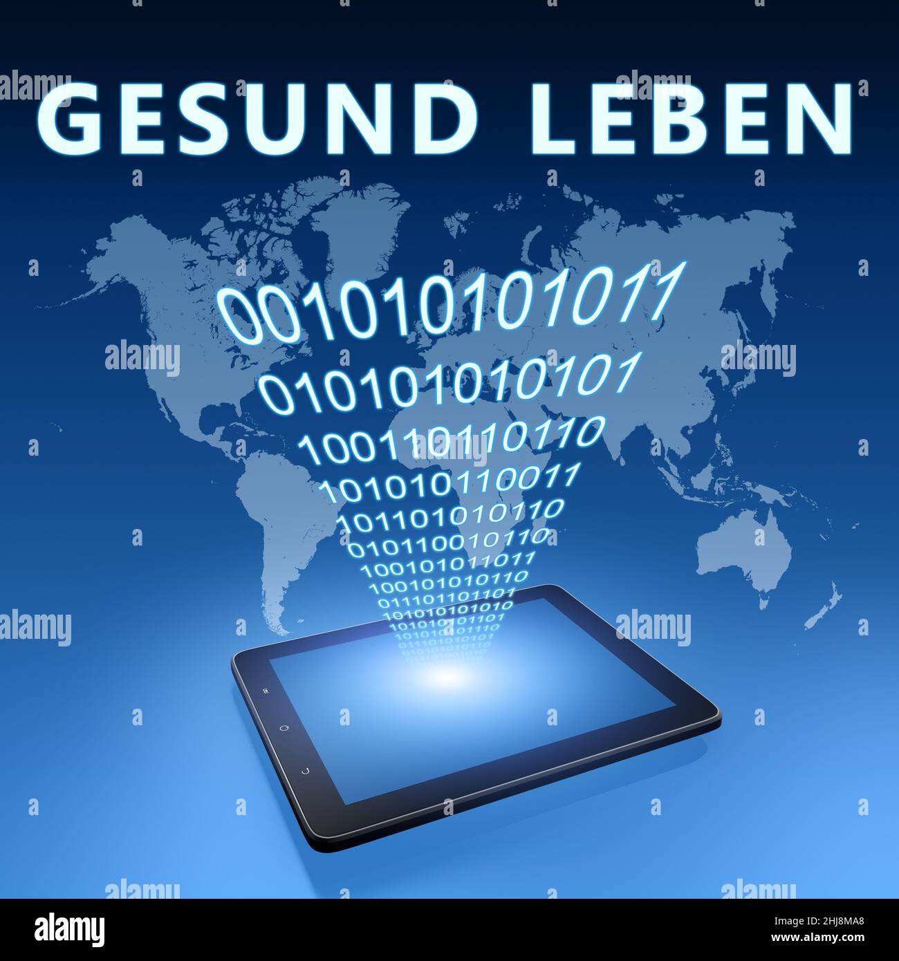 Gesund leben - textkonzept mit Tablet-Computer auf blauem wolrd-Kartenhintergrund - 3D Renderdarstellung. Stockfoto