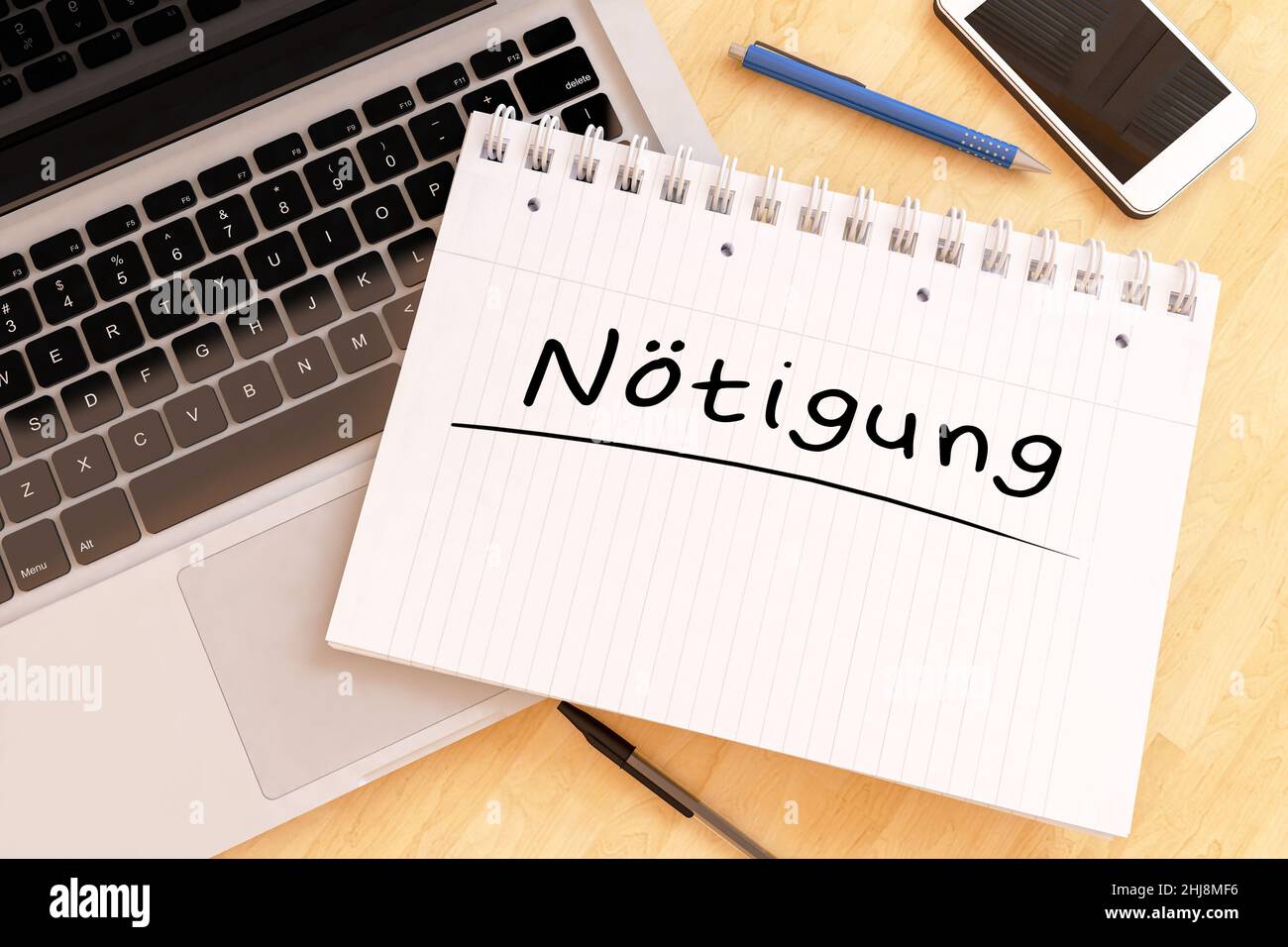 Noetigen - deutsch Wort für Zwang oder Zwang - handgeschriebener Text in einem Notizbuch auf einem Schreibtisch - 3D Darstellung. Stockfoto