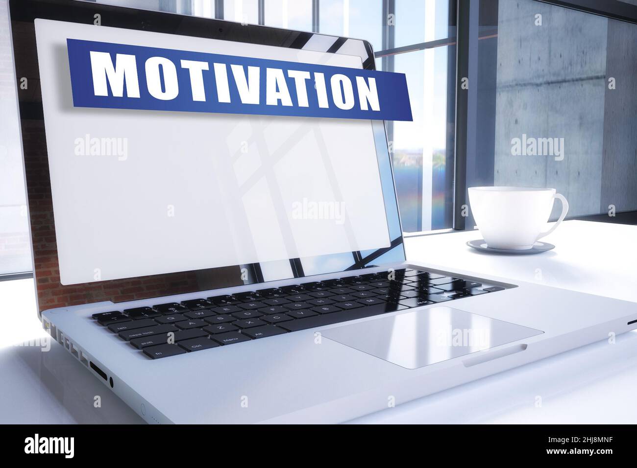 Motivationstext auf einem modernen Laptop-Bildschirm in Büroumgebungen. 3D Darstellung Business Text Konzept. Stockfoto