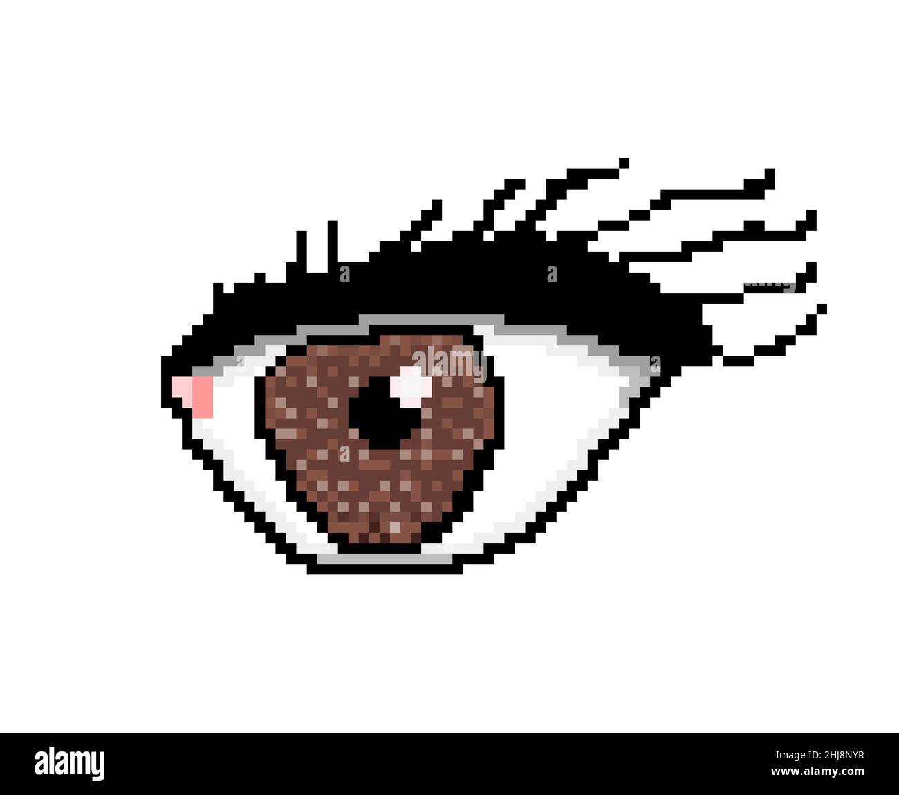 Pixelkunst: Ein großes riesiges weibliches Auge, mit Wimpern und Make-up, braune Pupille. Stockfoto