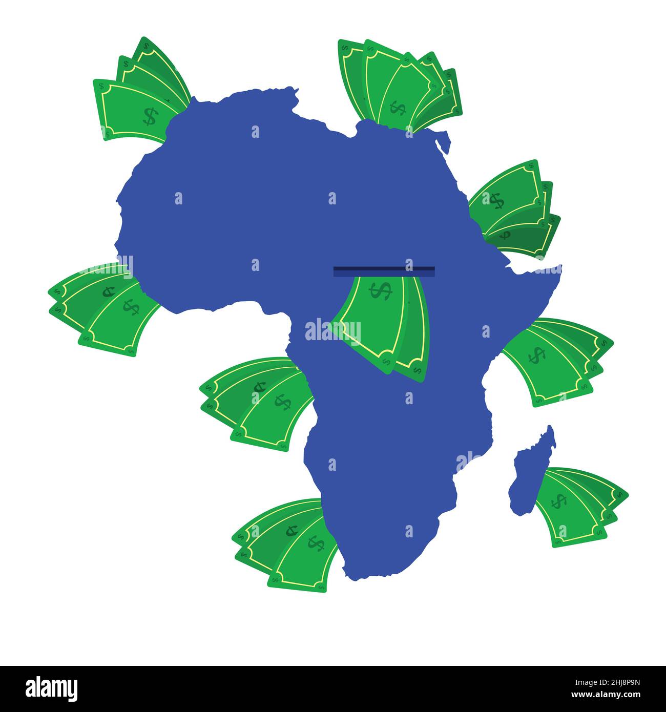 Afrika-Karte in blau mit Geldscheinen um. Geld verlässt das Zentrum des Kontinents. Wirtschaft des Kontinents. Weißer Hintergrund. Isoliert. Stock Vektor