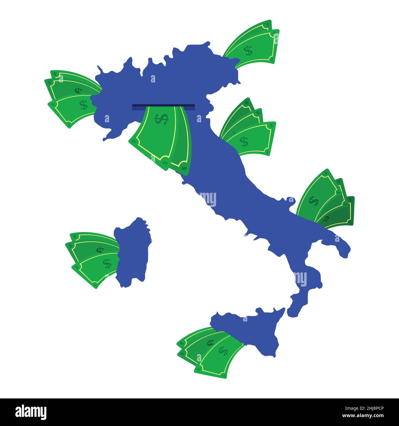 Italien Karte in blau mit Geldscheinen um. Geld verlässt das Zentrum des Landes. Wirtschaft des italienischen Landes. Weißer Hintergrund. Isoliert. Stock Vektor