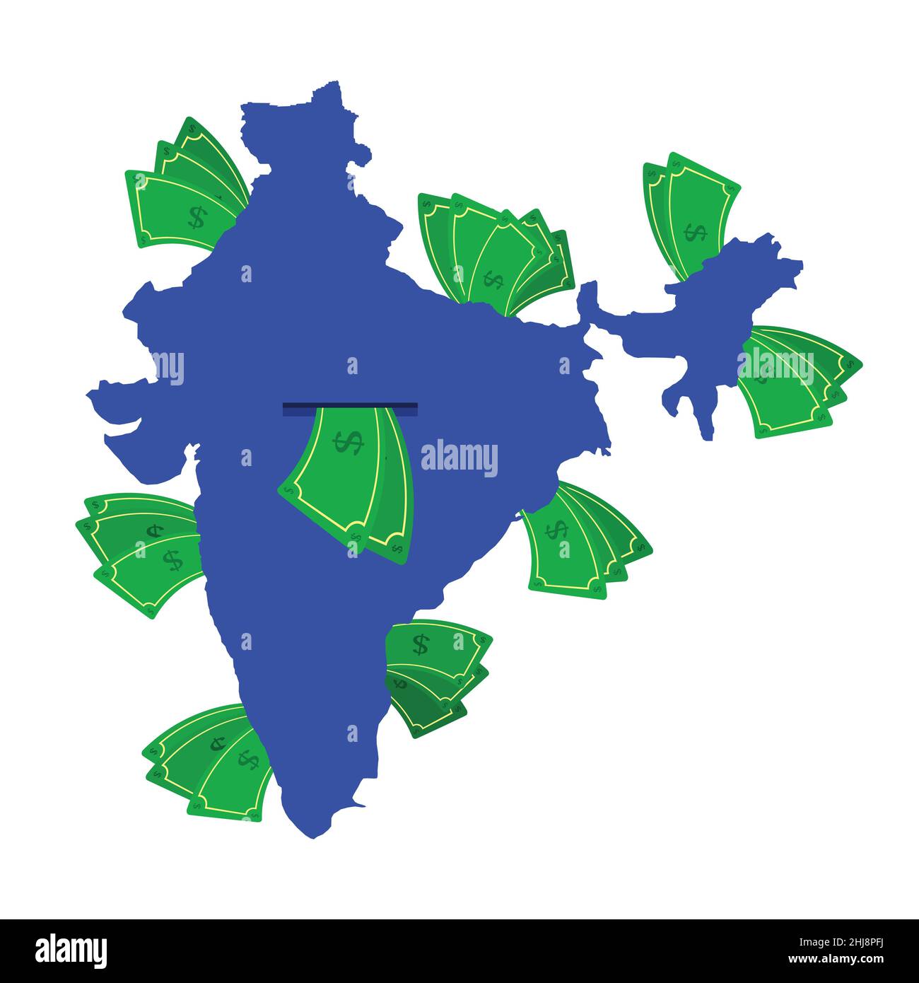 Indien Karte in blau mit Geldscheinen um. Geld verlässt das Zentrum des Landes. Wirtschaft des indischen Landes. Weißer Hintergrund. Isoliert. Stock Vektor