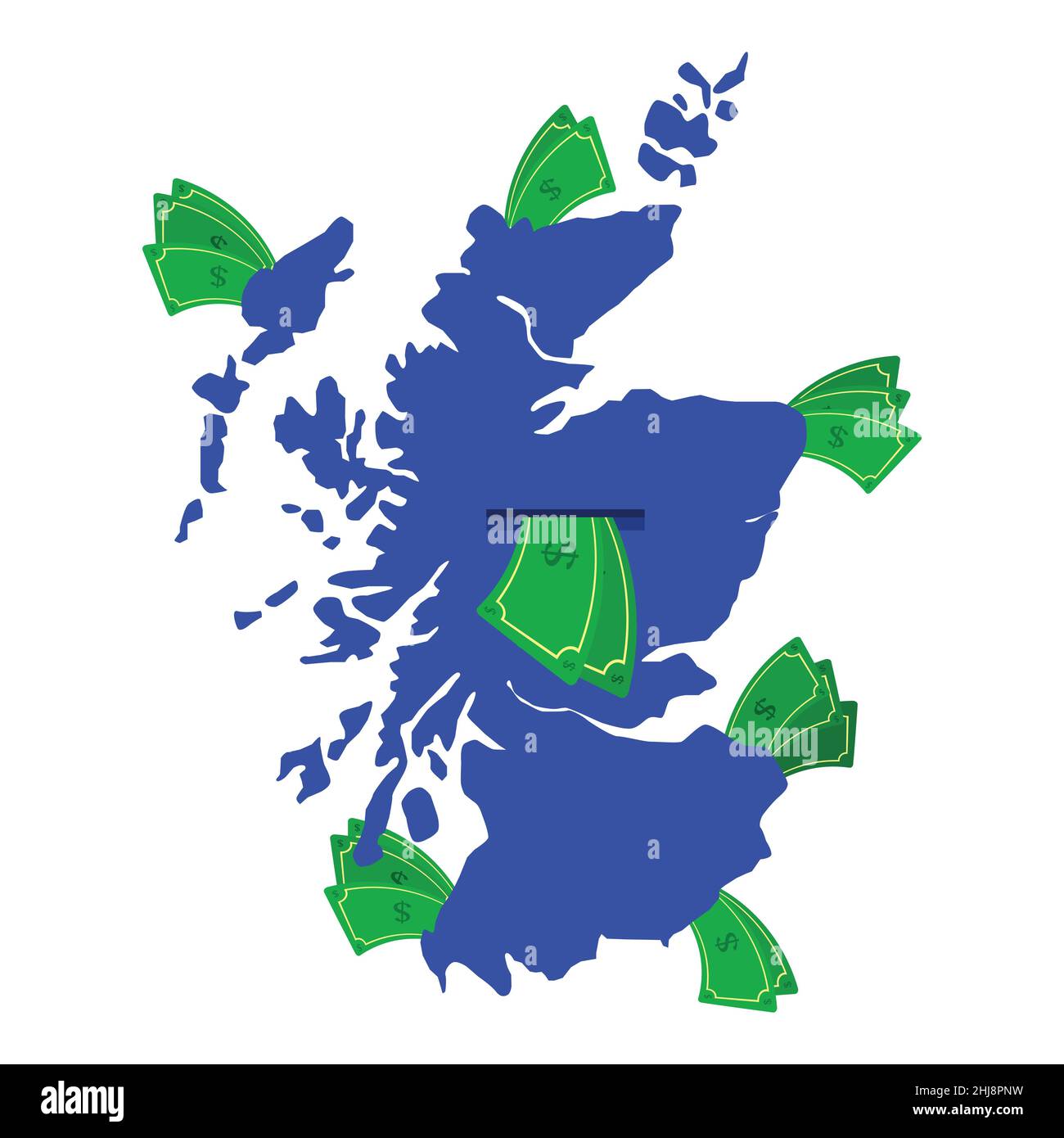 Schottland Karte in blau mit Geldscheinen um. Geld verlässt das Zentrum des Landes. Wirtschaft des schottischen Landes. Weißer Hintergrund. Isoliert. Stock Vektor