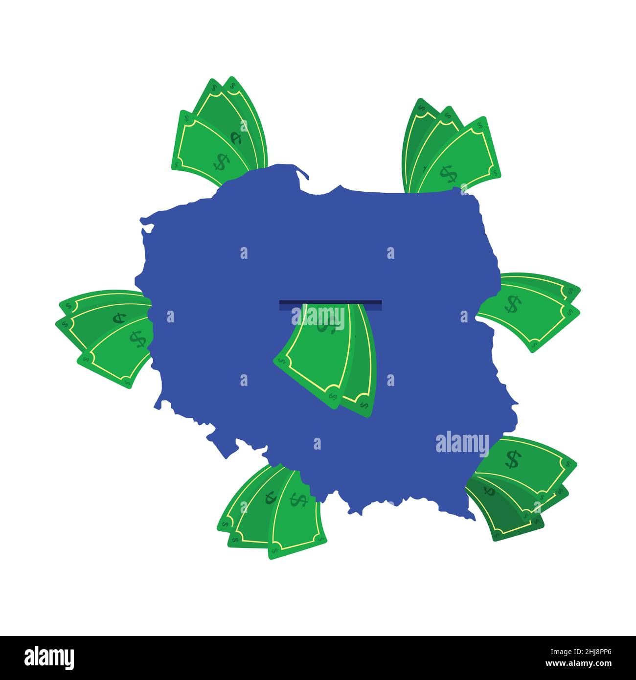 Polen Karte in blau mit Geldscheinen um. Geld verlässt das Zentrum des Landes. Wirtschaft des polnischen Landes. Weißer Hintergrund. Isoliert. Stock Vektor