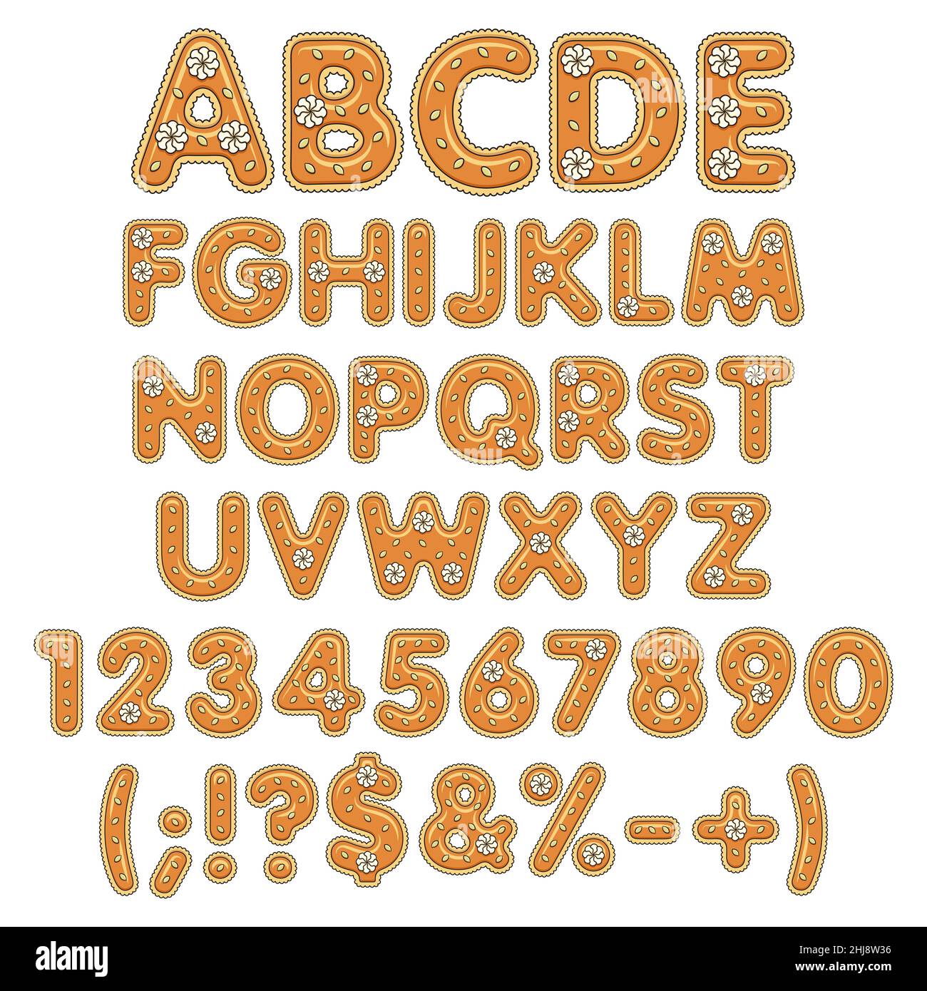 Kürbiskuchen-Alphabet, Buchstaben, Zahlen und Schilder mit Creme- und Kürbiskernen verziert. Isolierte Vektorobjekte auf weißem Hintergrund. Stock Vektor