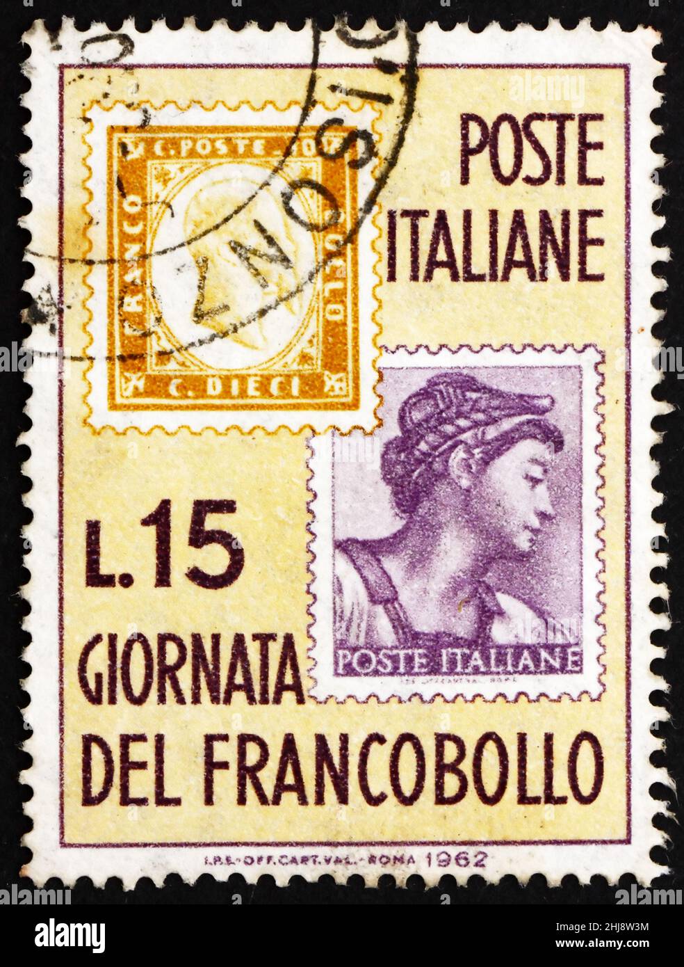 ITALIEN - UM 1976: Eine in Italien gedruckte Briefmarke zeigt Briefmarken von 1862 und 1961, 100 Jahre italienische Briefmarken, um 1976 Stockfoto