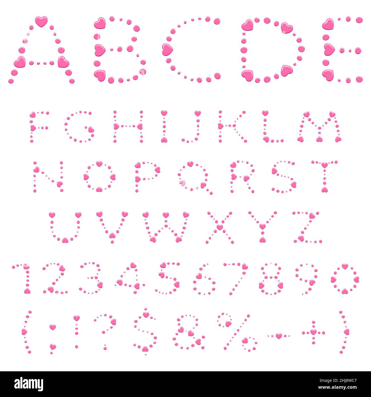 Alphabet, Buchstaben, Zahlen und Zeichen aus rosa Kreisen und Herzen