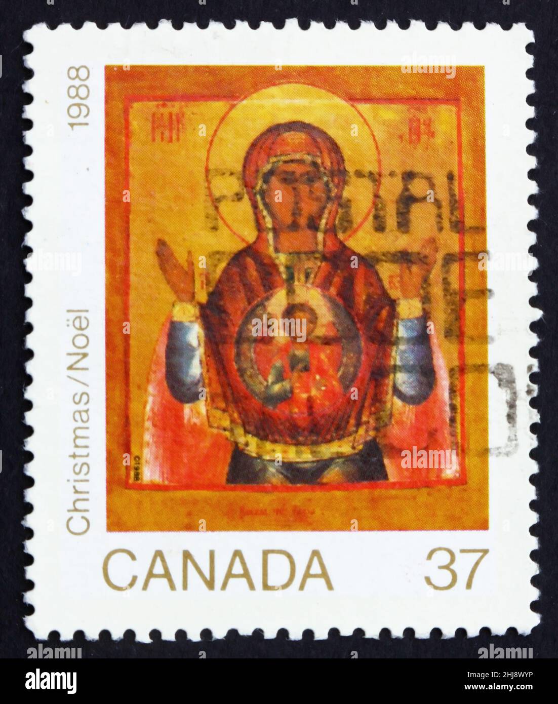 KANADA - UM 1988: Eine in Kanada gedruckte Marke zeigt Empfängnis, Weihnachten, Ikone der Ostkirche, um 1988 Stockfoto