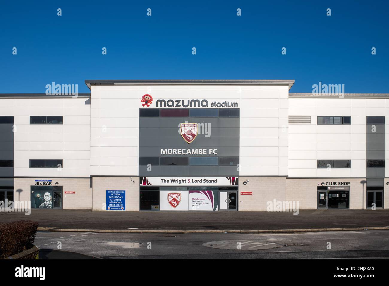Eintritt in das Mazuma Stadium, Heimstadion des Morecambe FC Football Club. Stockfoto