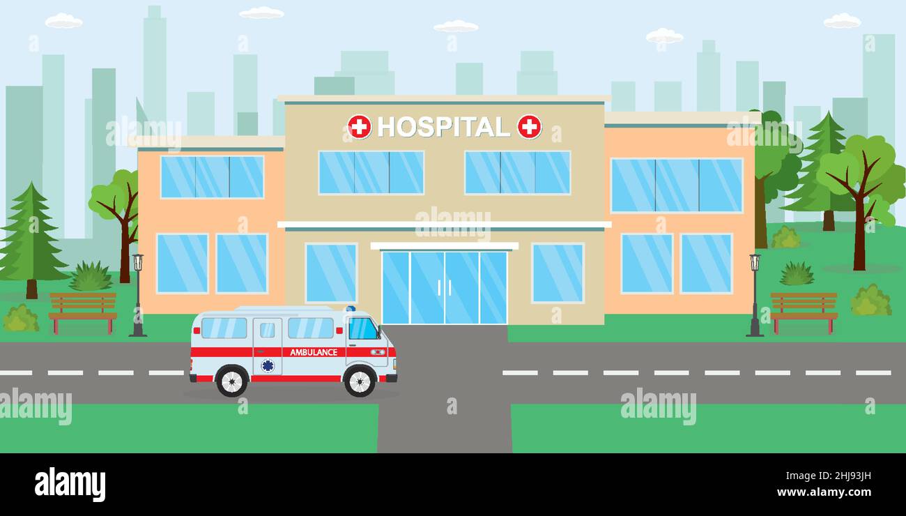 Krankenhausgebäude, Cartoon-Ambulanzwagen und Parkplatz in der Nähe, Stadtlandschaft im Hintergrund, flache Vektorgrafik. Stock Vektor