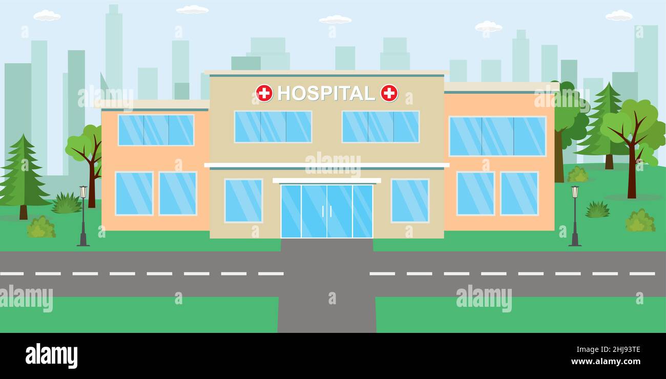 Krankenhausgebäude und Park in der Nähe, Cartoon-Klinik, Stadtlandschaft im Hintergrund, flache Vektorgrafik. Stock Vektor