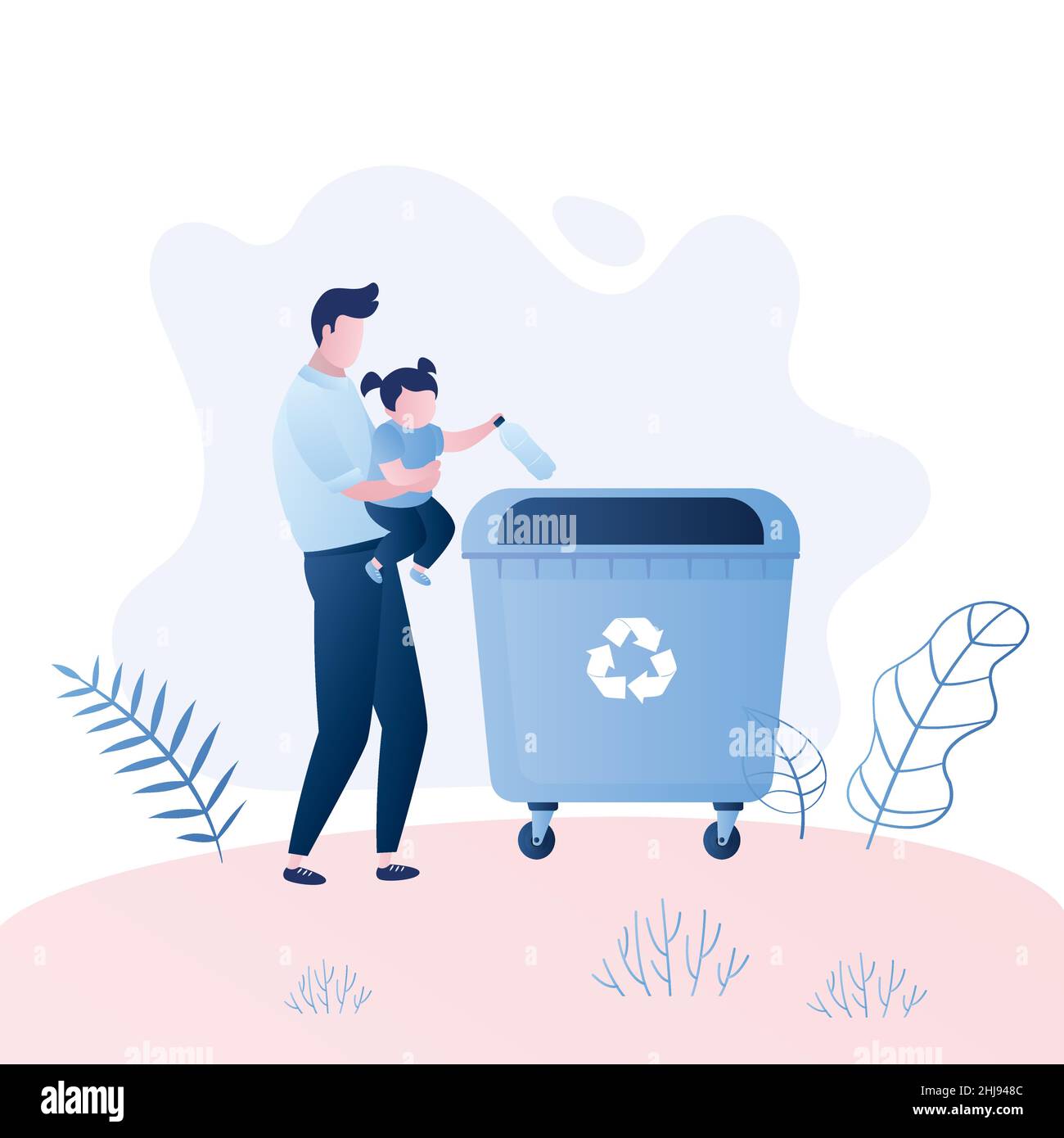 Mann mit einem Kind werfen Müll in den Papierkorb.Recycling-Konzept. Zeichen im trendigen Stil, Vektorgrafik Stock Vektor