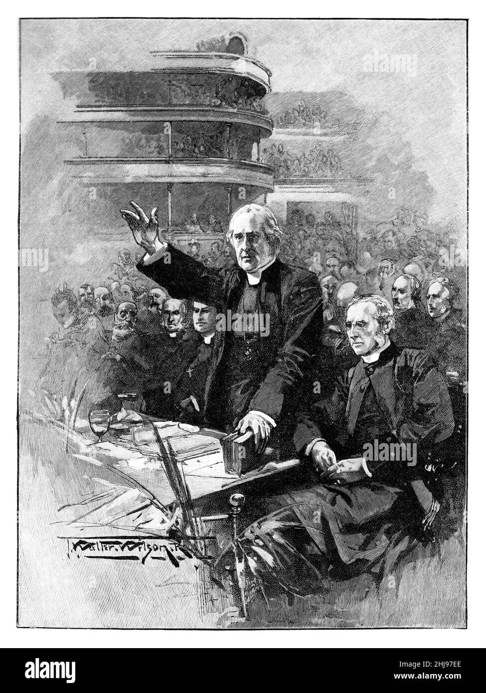 Schwarz-Weiß-Illustration; der Erzbischof von Canterbury argumentiert gegen den vorgeschlagenen walisischen Suspensory Act von 1893: Demonstration in der Royal Albert Hall Stockfoto